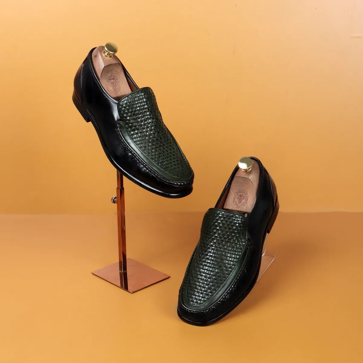 Dark Green Weaved Vamp Black Loafers in Genuine Leather with Leather Sole