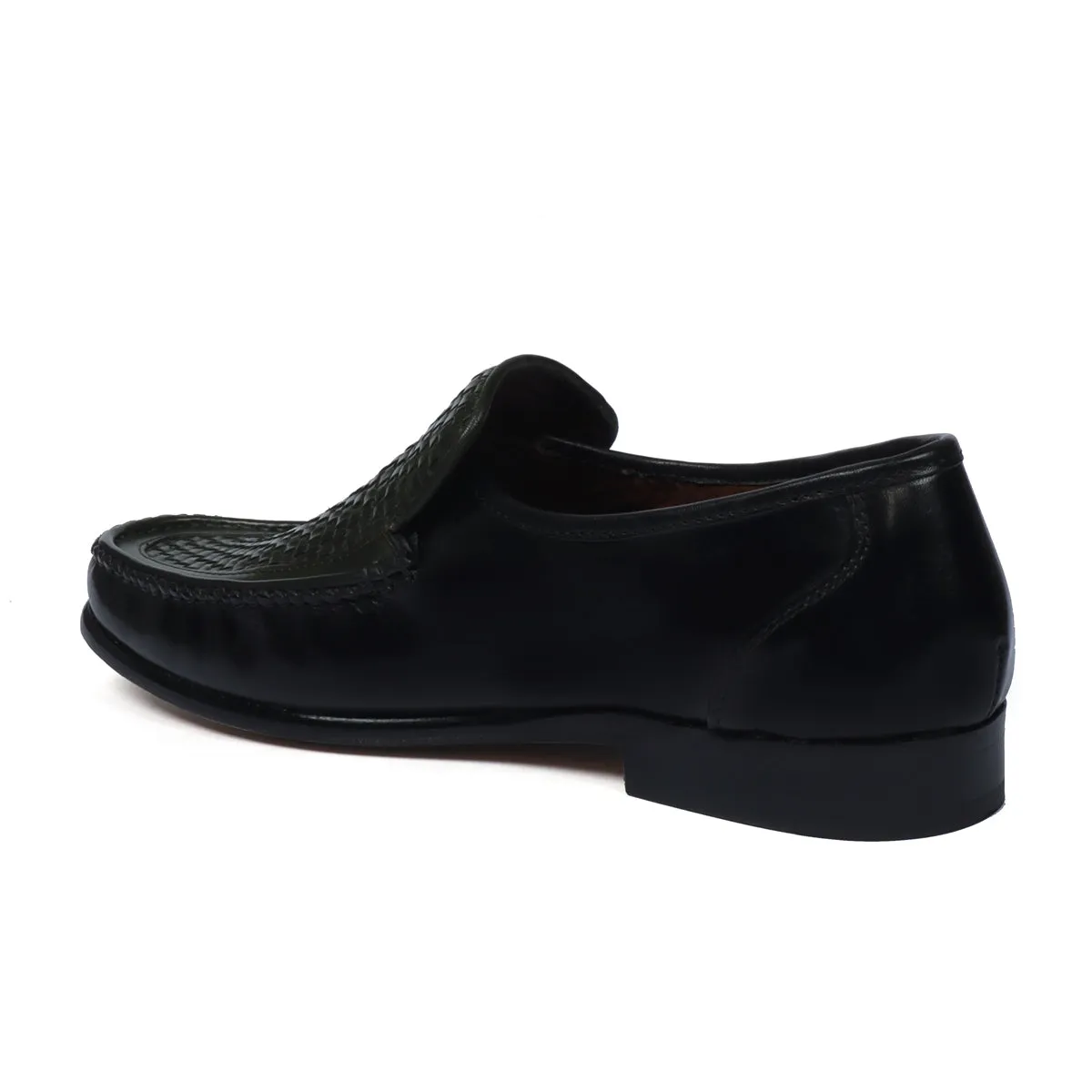 Dark Green Weaved Vamp Black Loafers in Genuine Leather with Leather Sole