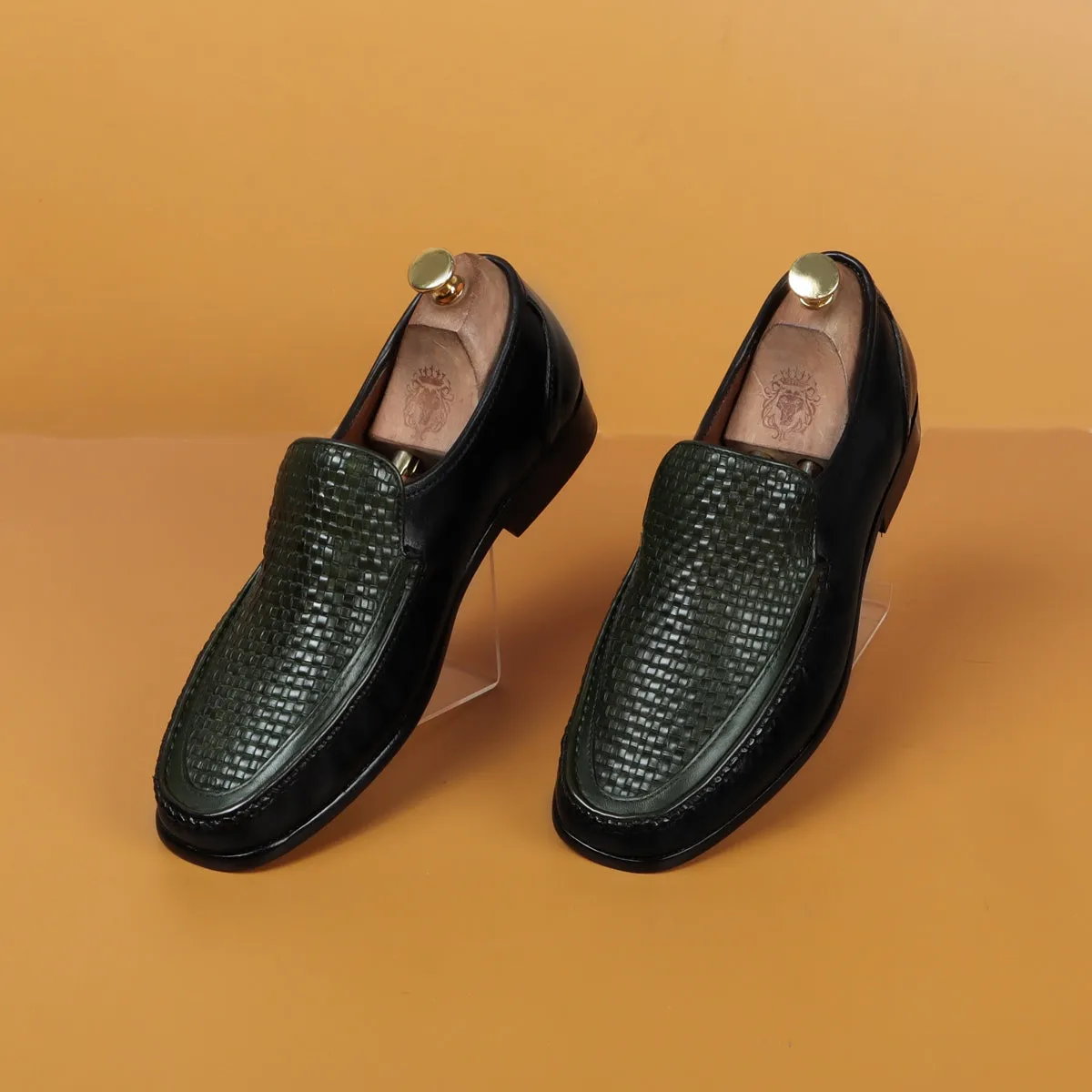 Dark Green Weaved Vamp Black Loafers in Genuine Leather with Leather Sole