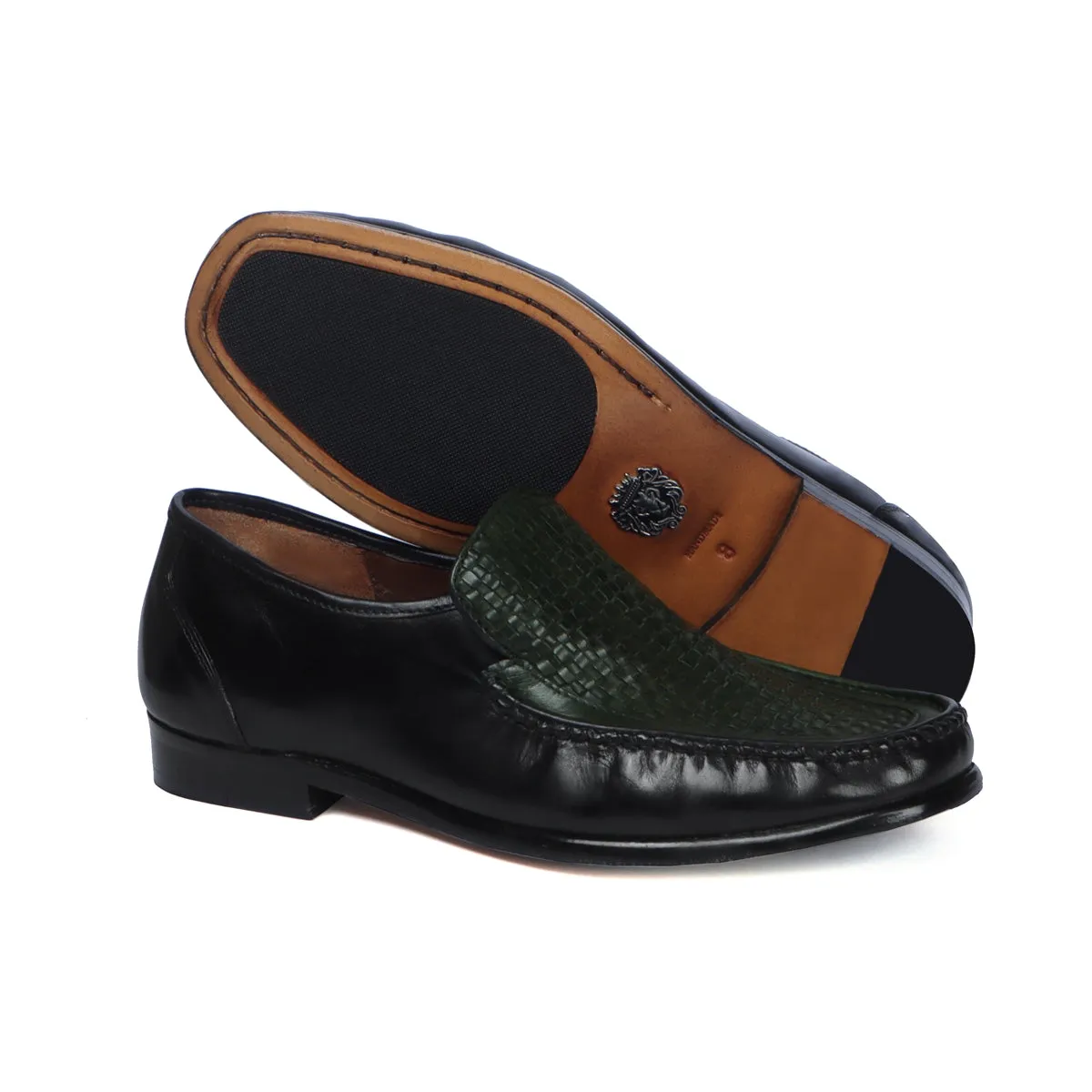 Dark Green Weaved Vamp Black Loafers in Genuine Leather with Leather Sole