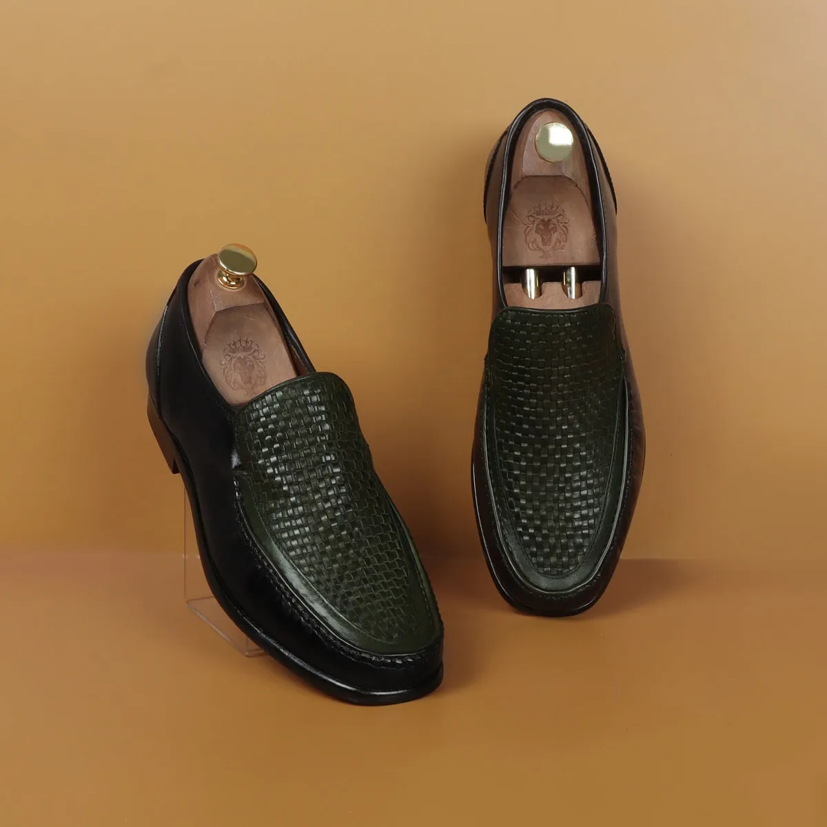 Dark Green Weaved Vamp Black Loafers in Genuine Leather with Leather Sole