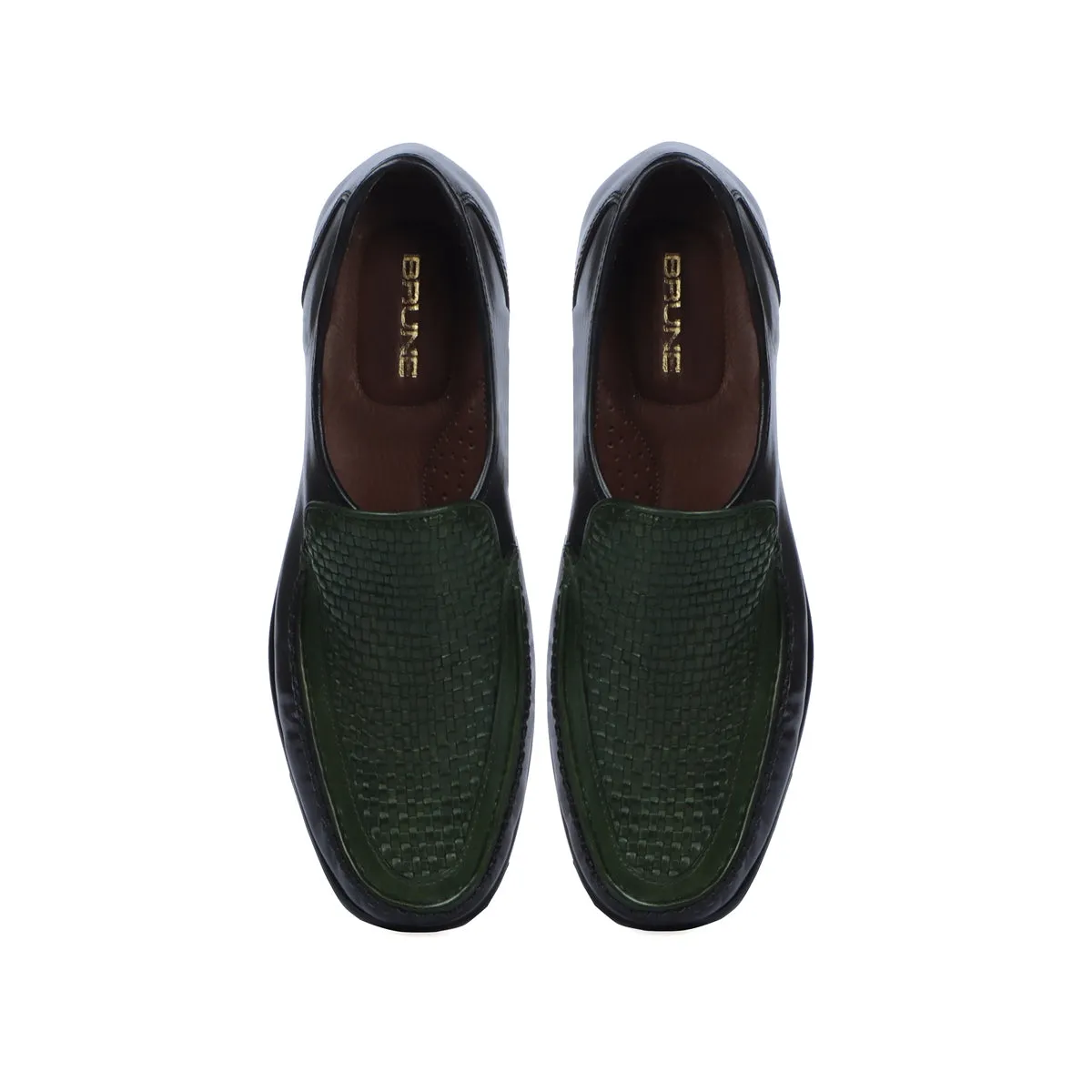 Dark Green Weaved Vamp Black Loafers in Genuine Leather with Leather Sole