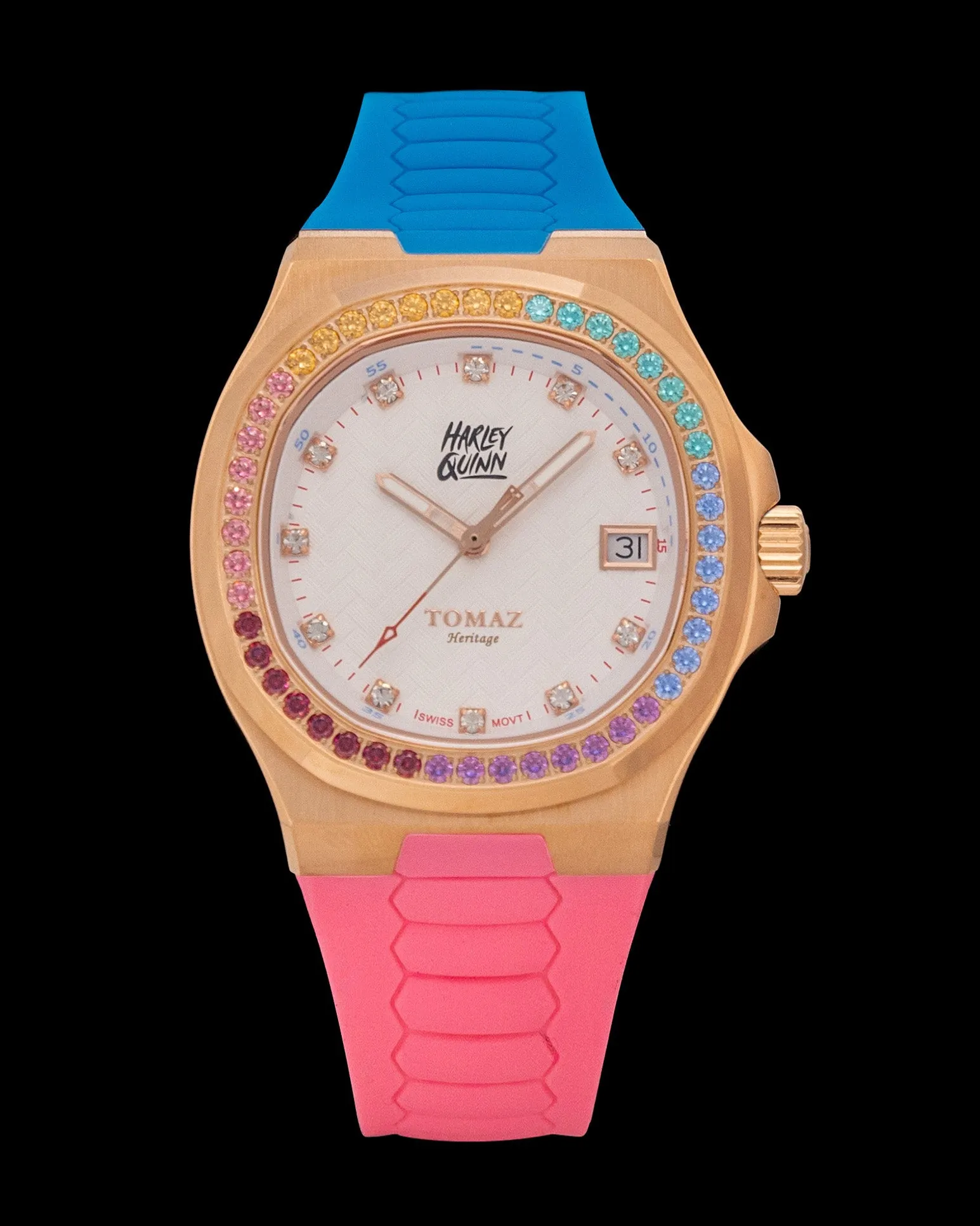 DC Harley Quinn TQ029L-AD1 (Rosegold/White) with Rainbow Swarovski Crystal (Pink/Blue Rubber Strap)