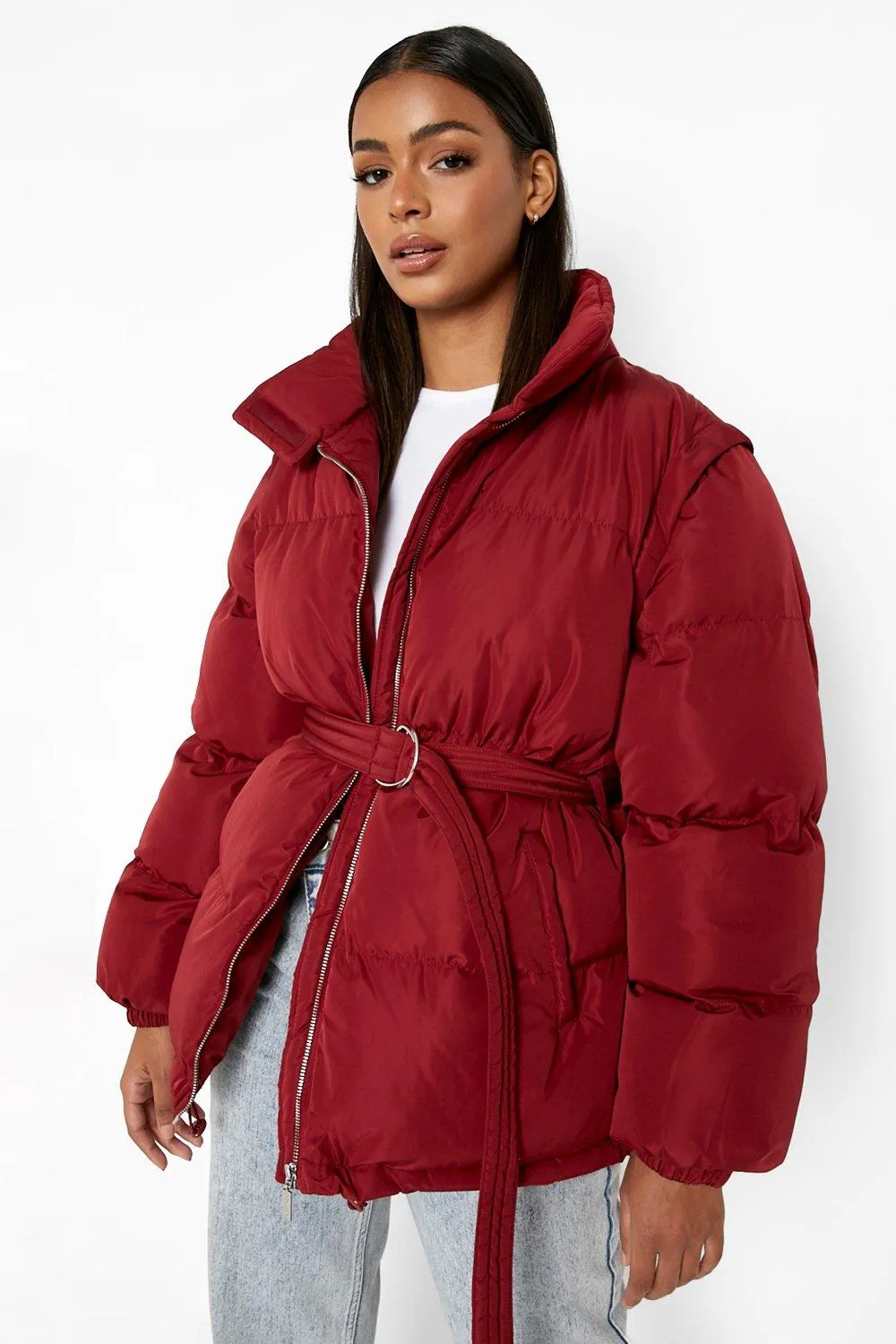 Detachable Sleeve Belted Puffer Jacket