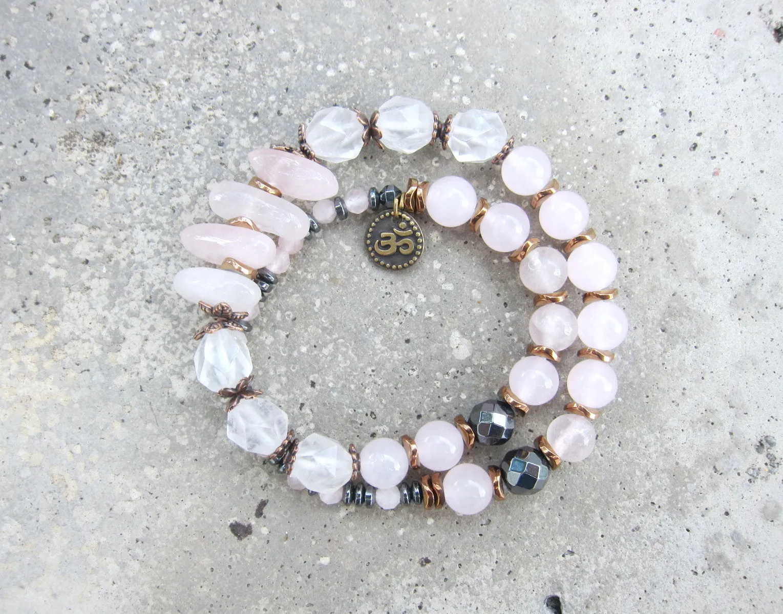 Divine Feminine Pink Quartz Fertility Mala Bracelet in OM Charm - Ltd Edition