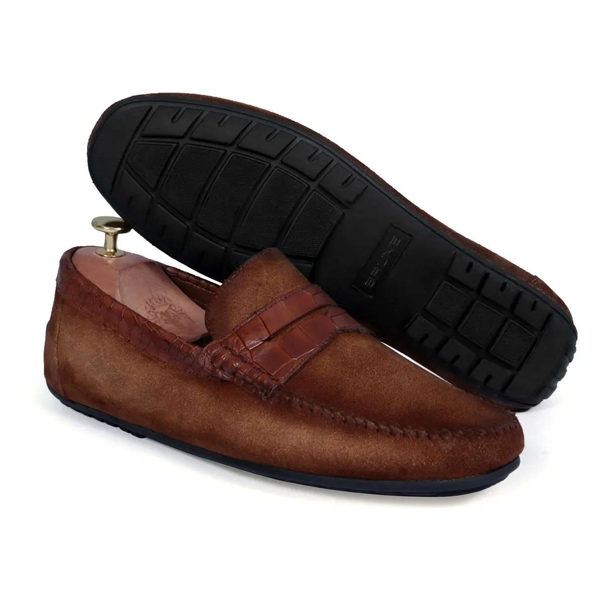 Driving Sole Tan Suede Loafers with Croco Textured Leather Trim Topline