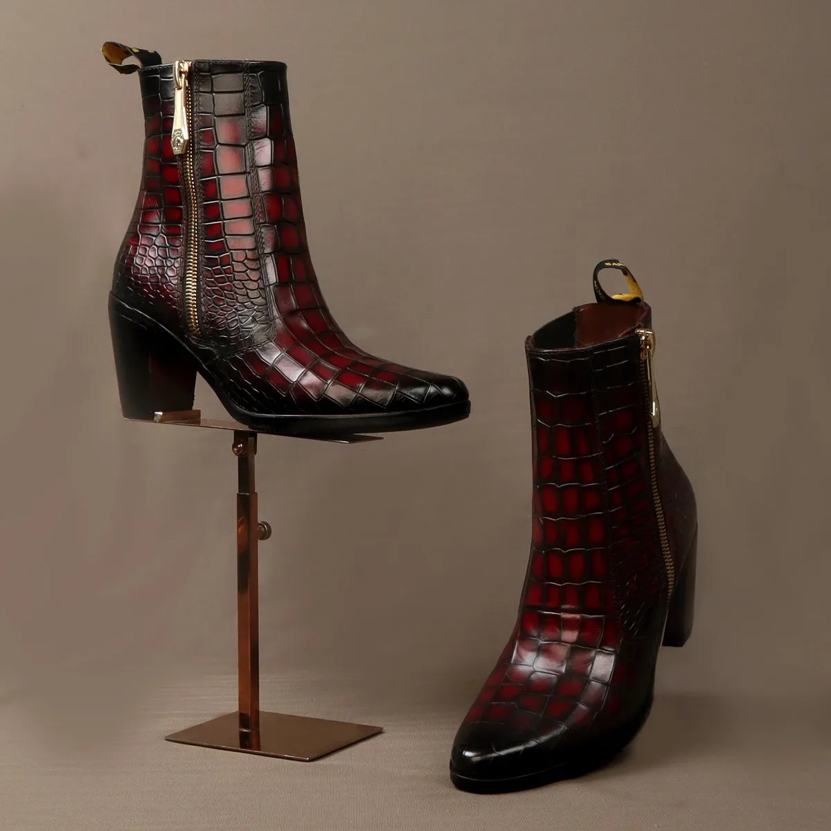 Dual Shade Patina Finish Boots In Smokey Wine Croco Textured Leather