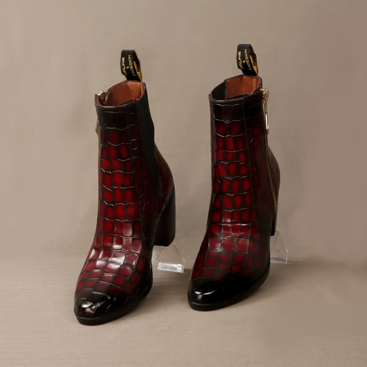 Dual Shade Patina Finish Boots In Smokey Wine Croco Textured Leather