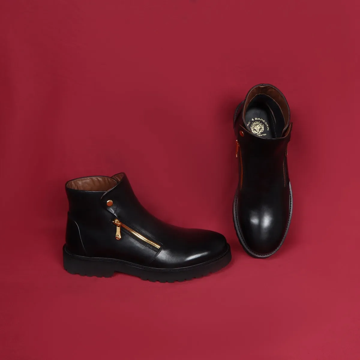 Dual Snap Light Weight Biker Boots with Button Zip Closure Black Leather By Brune & Bareskin