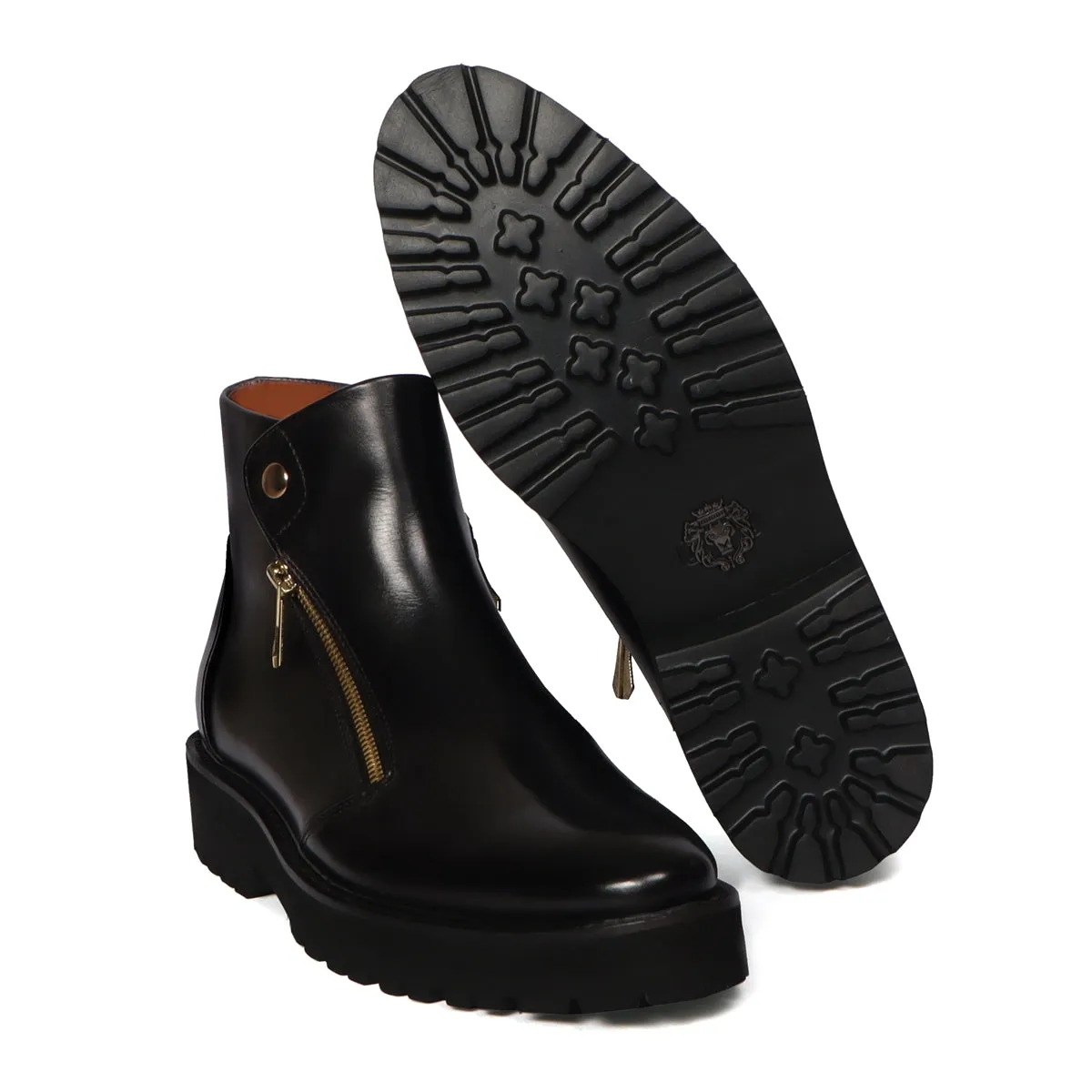 Dual Snap Light Weight Biker Boots with Button Zip Closure Black Leather By Brune & Bareskin