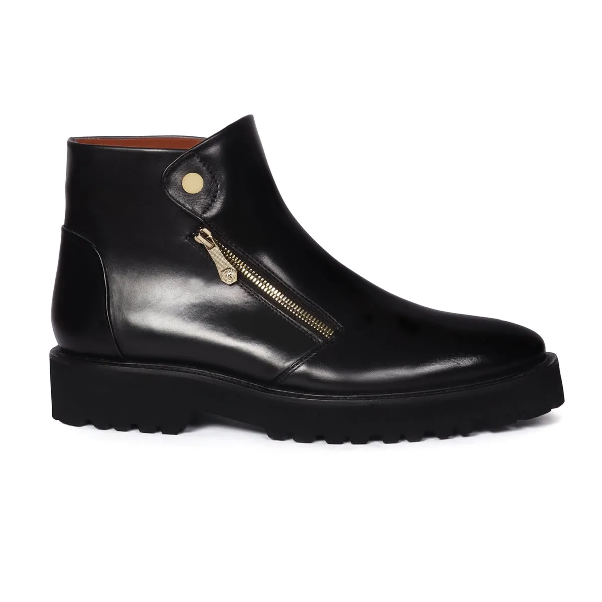 Dual Snap Light Weight Biker Boots with Button Zip Closure Black Leather By Brune & Bareskin