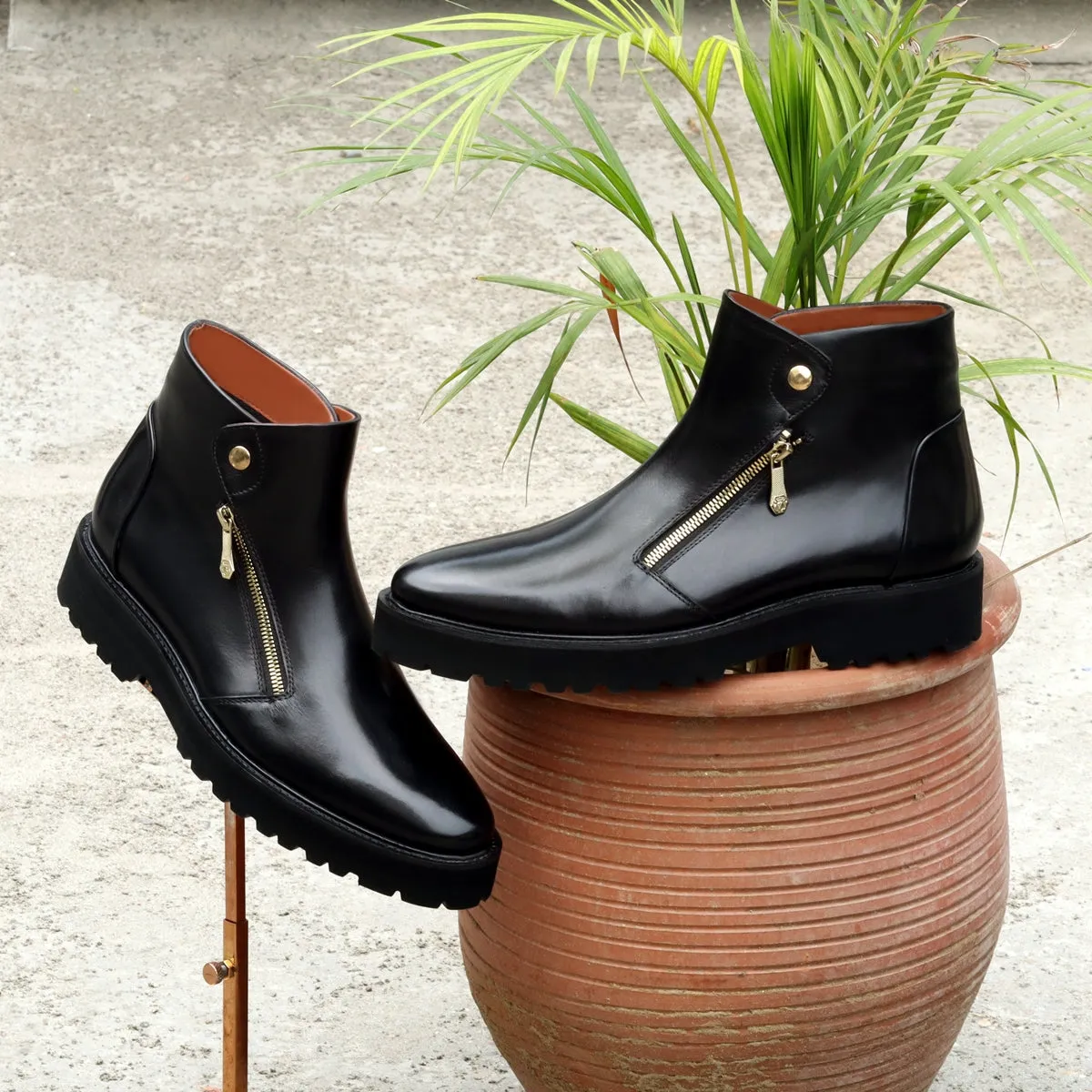 Dual Snap Light Weight Biker Boots with Button Zip Closure Black Leather By Brune & Bareskin