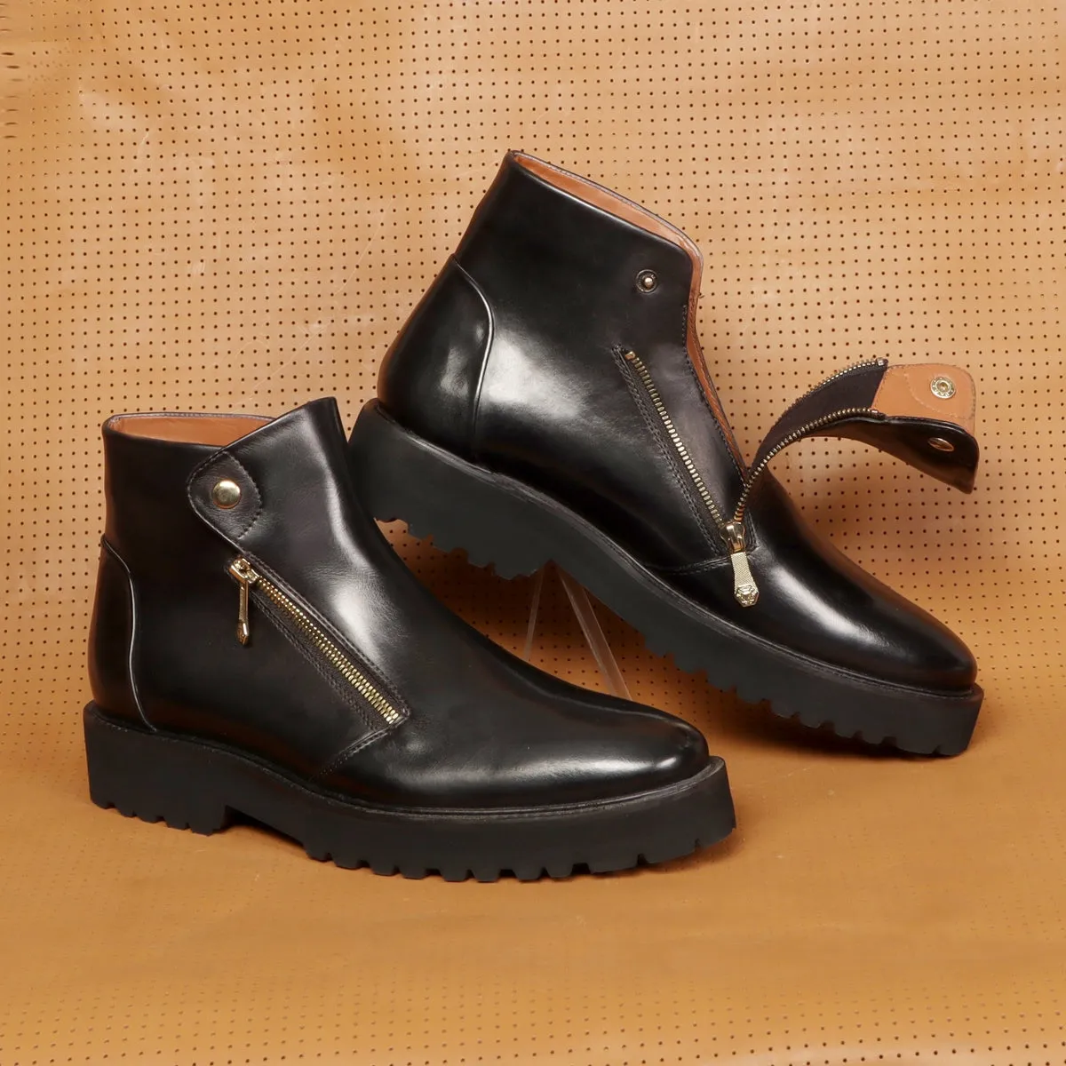 Dual Snap Light Weight Biker Boots with Button Zip Closure Black Leather By Brune & Bareskin