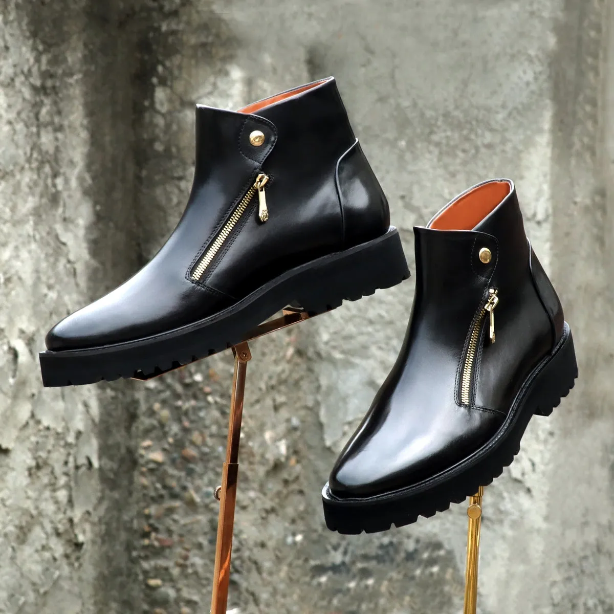 Dual Snap Light Weight Biker Boots with Button Zip Closure Black Leather By Brune & Bareskin