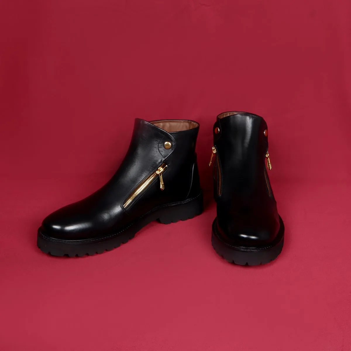 Dual Snap Light Weight Biker Boots with Button Zip Closure Black Leather By Brune & Bareskin