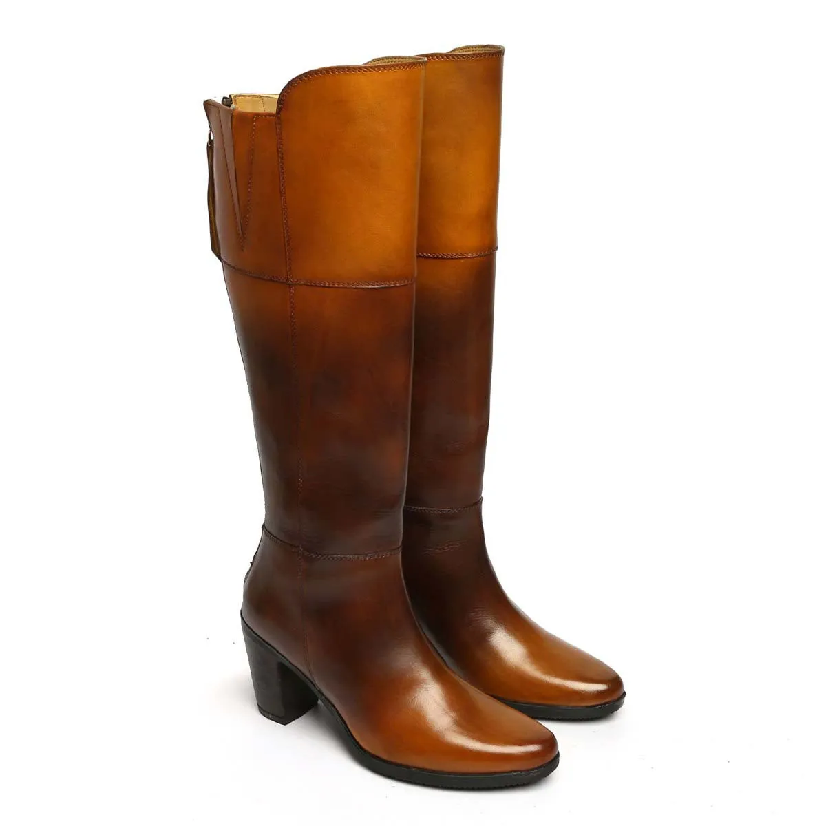 Dual Tone Tan Knee Height Blocked Heel Ladies Leather Boots By Brune & Bareskin