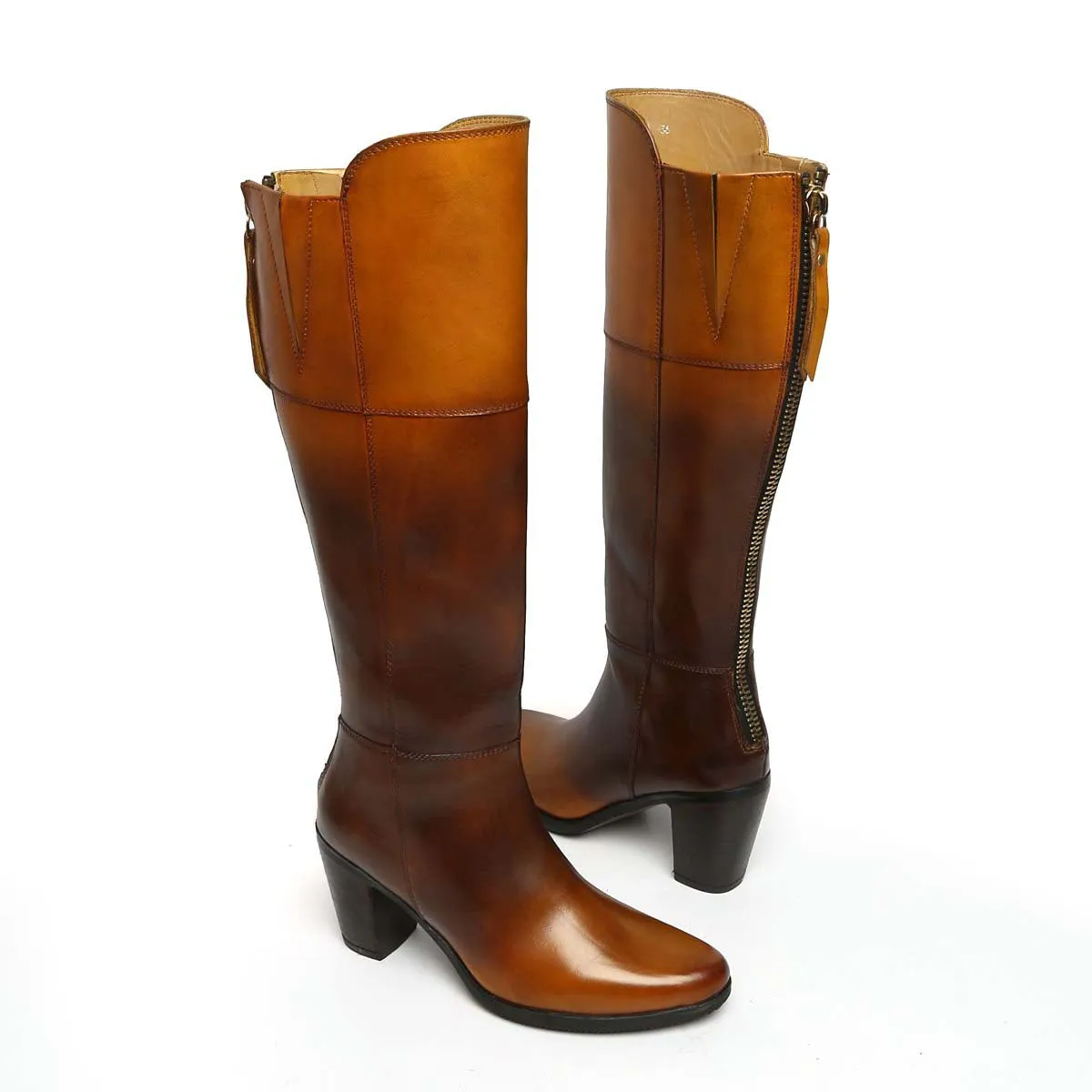 Dual Tone Tan Knee Height Blocked Heel Ladies Leather Boots By Brune & Bareskin