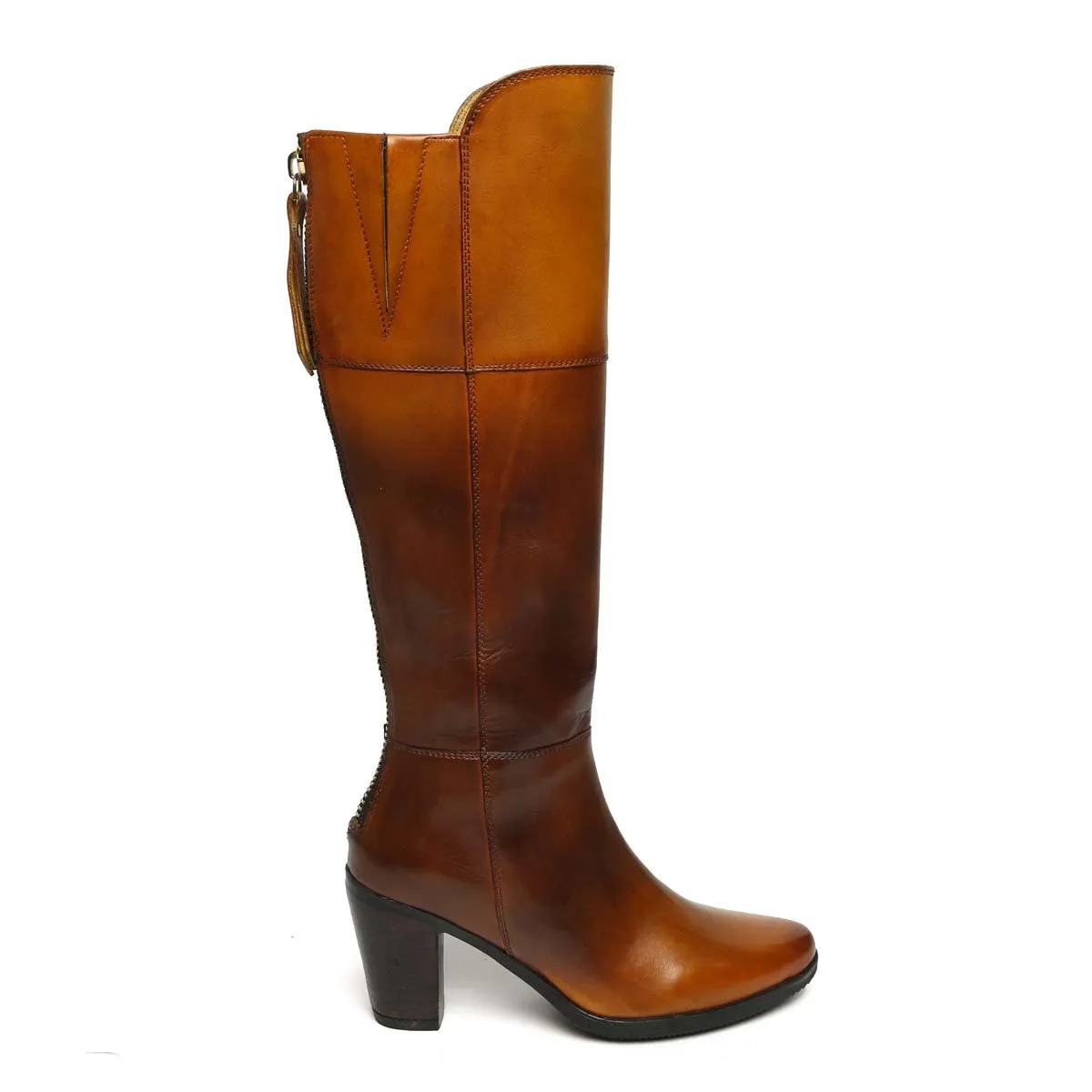 Dual Tone Tan Knee Height Blocked Heel Ladies Leather Boots By Brune & Bareskin