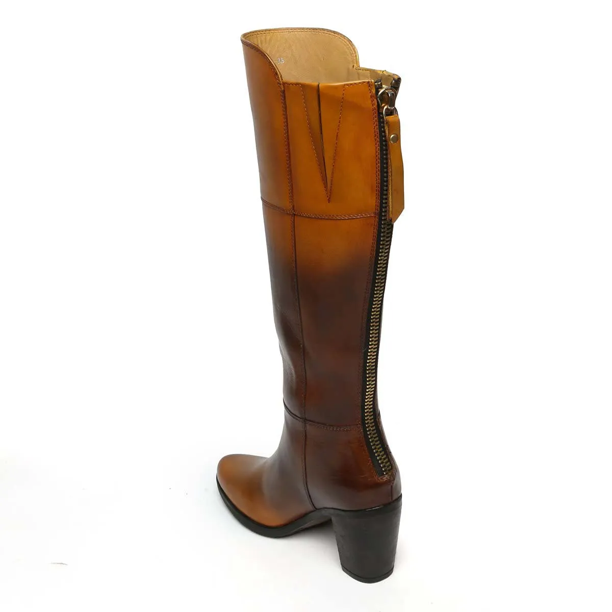 Dual Tone Tan Knee Height Blocked Heel Ladies Leather Boots By Brune & Bareskin