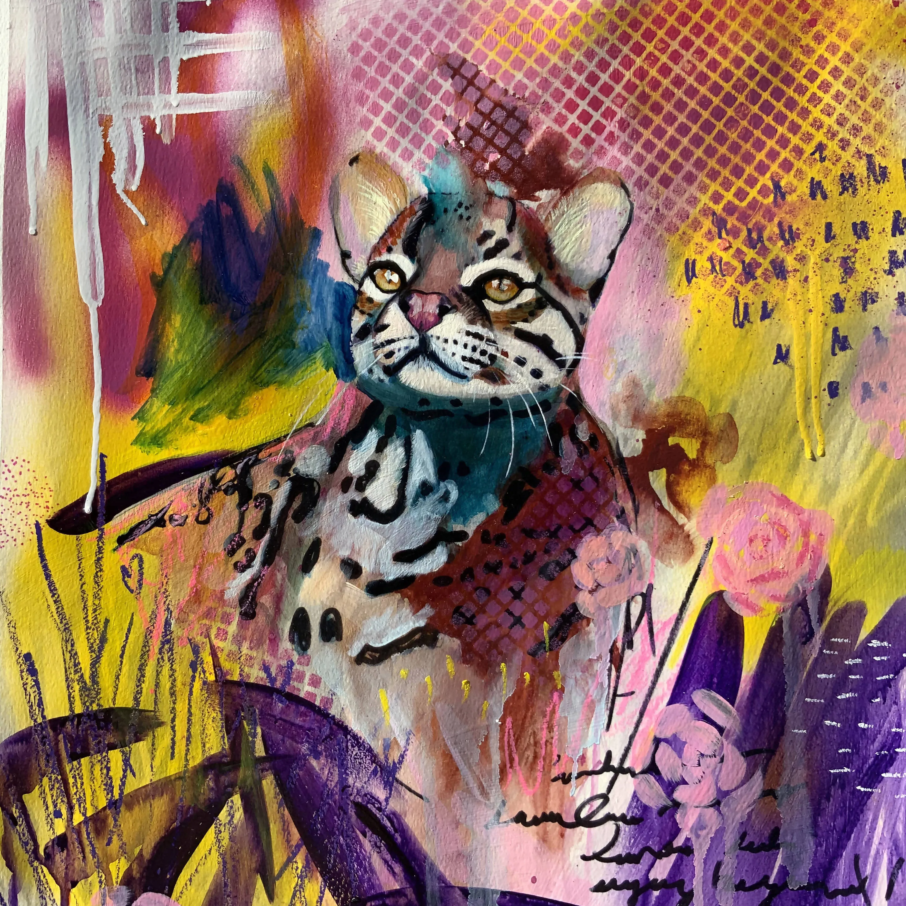 Edda Davila - Ocelot Pink Painting 22”x30”