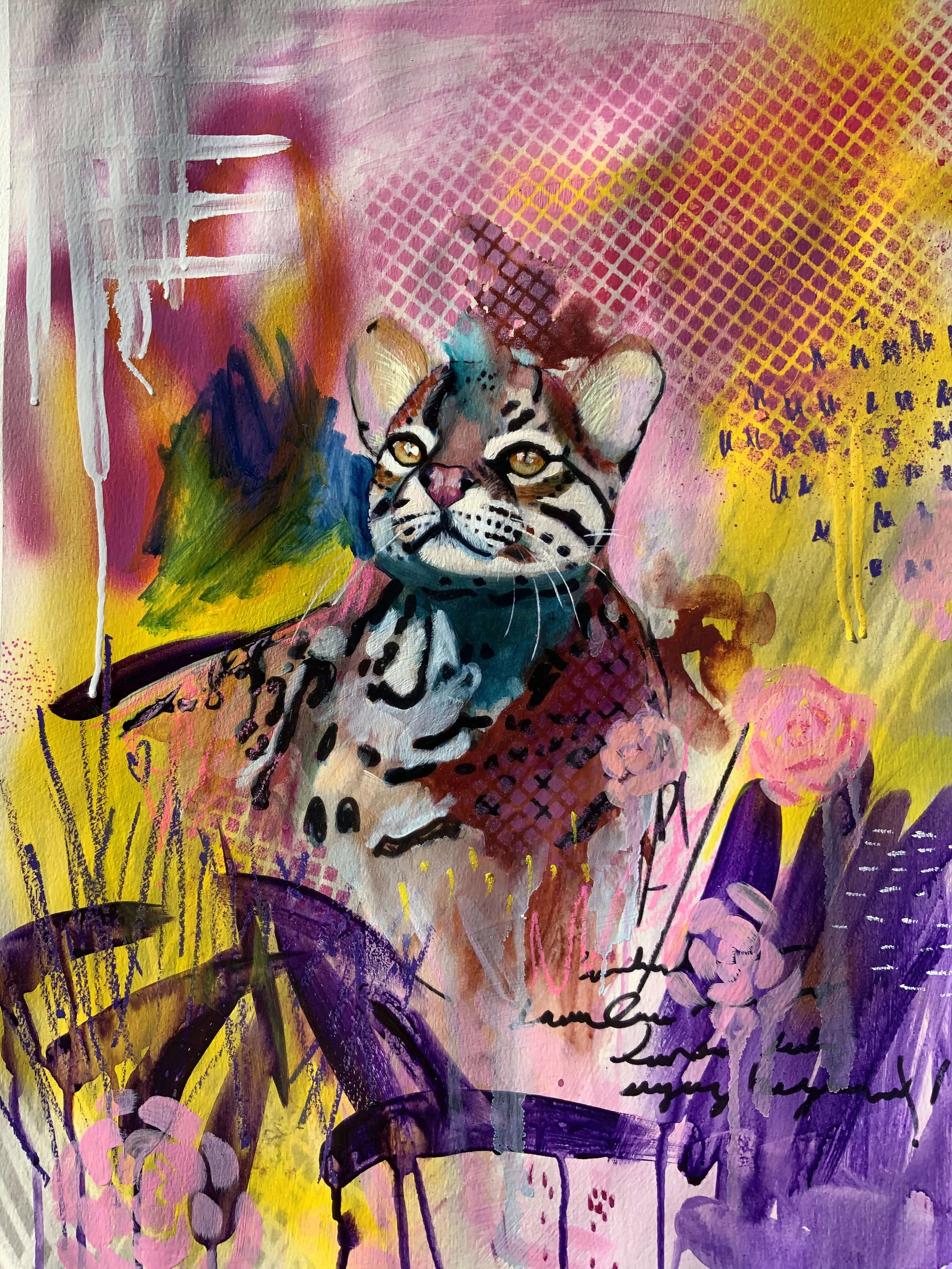 Edda Davila - Ocelot Pink Painting 22”x30”