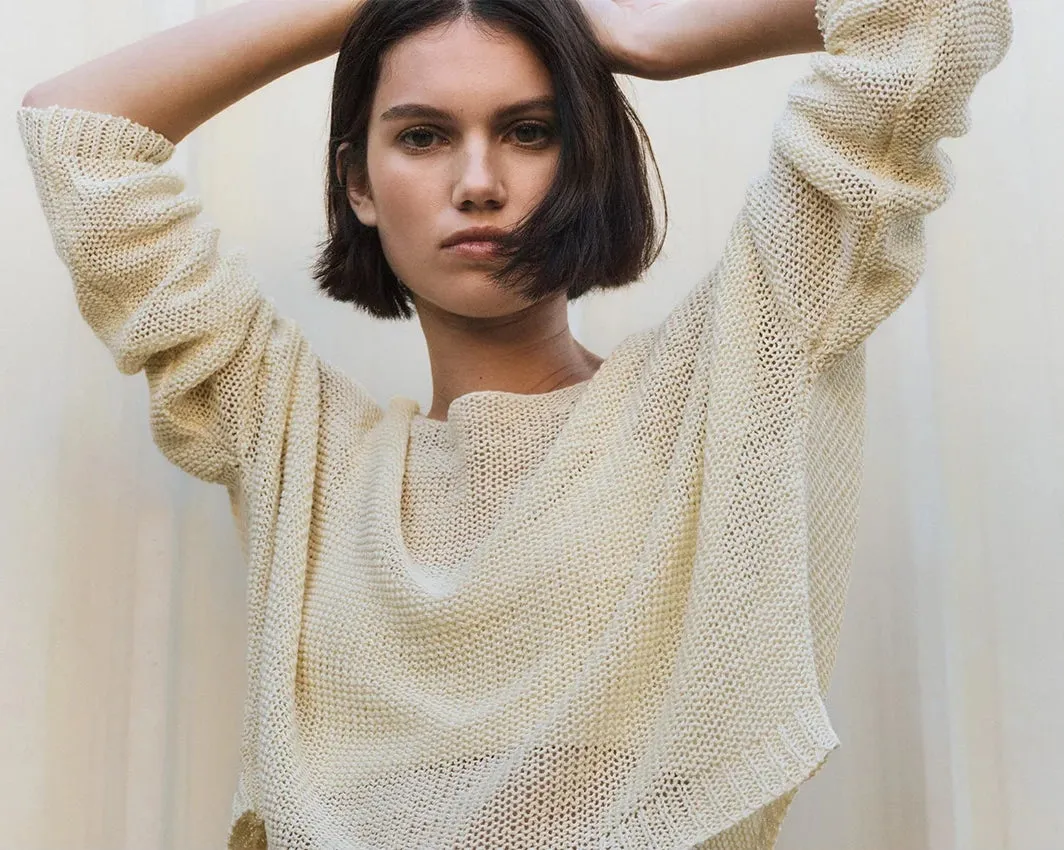 Enza Costa Linen Open Knit Bateau Sweater in Antique Cream 