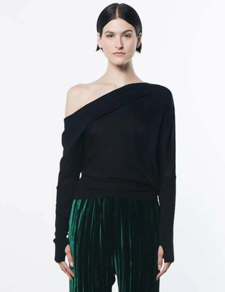 Enza Costa Wool/Cashmere Tissue Off Shoulder Slouch Sweater in Black 