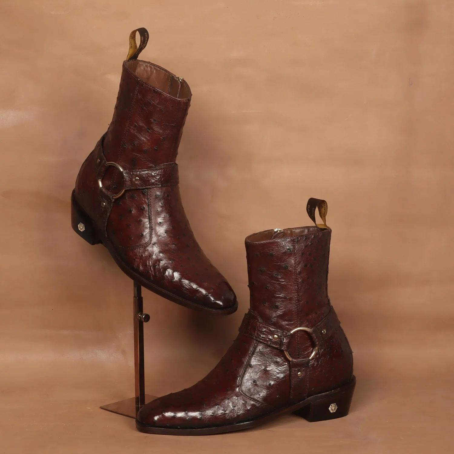 Exotic Dark Brown Boots in Ostrich Leather with Perfect Cuban Heel