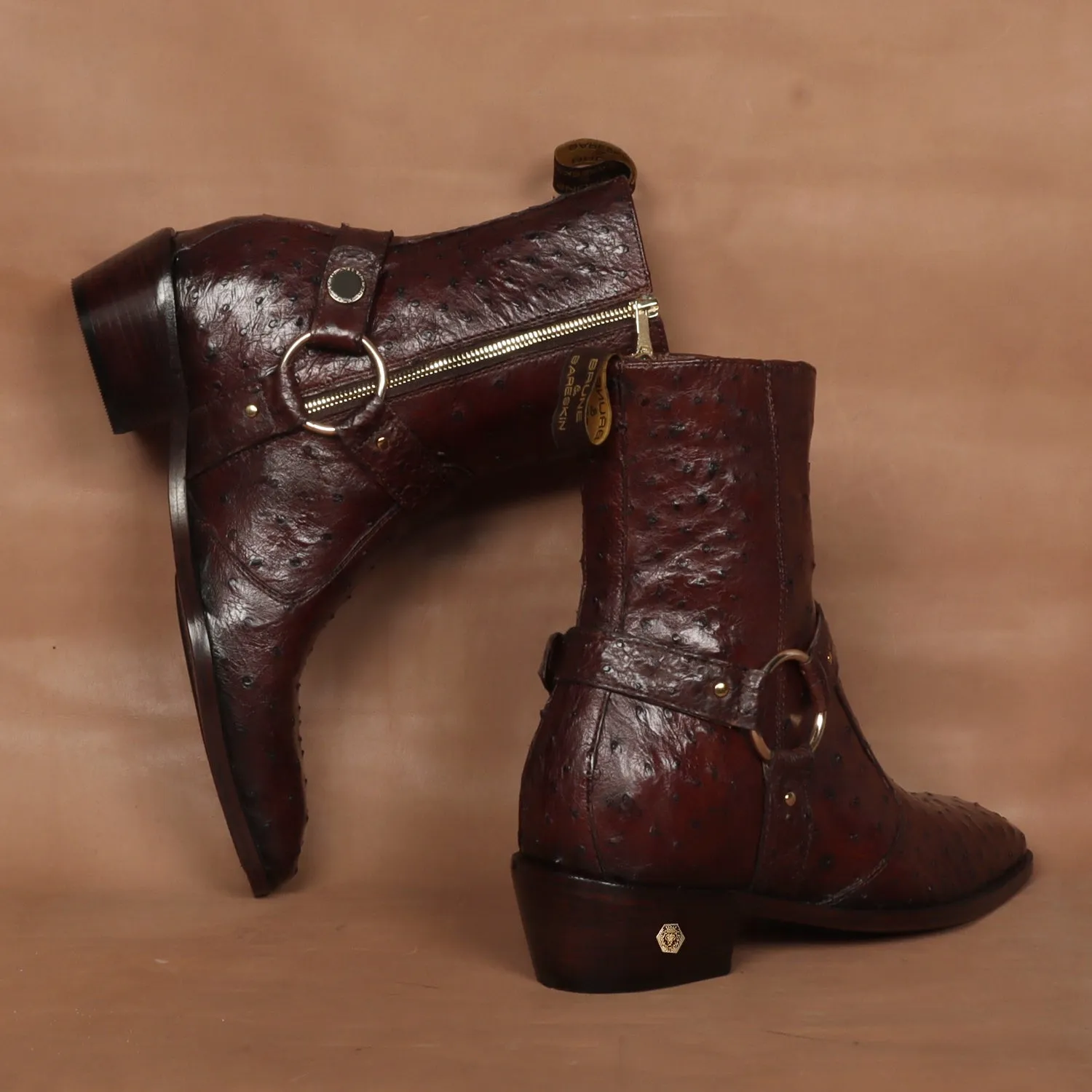 Exotic Dark Brown Boots in Ostrich Leather with Perfect Cuban Heel