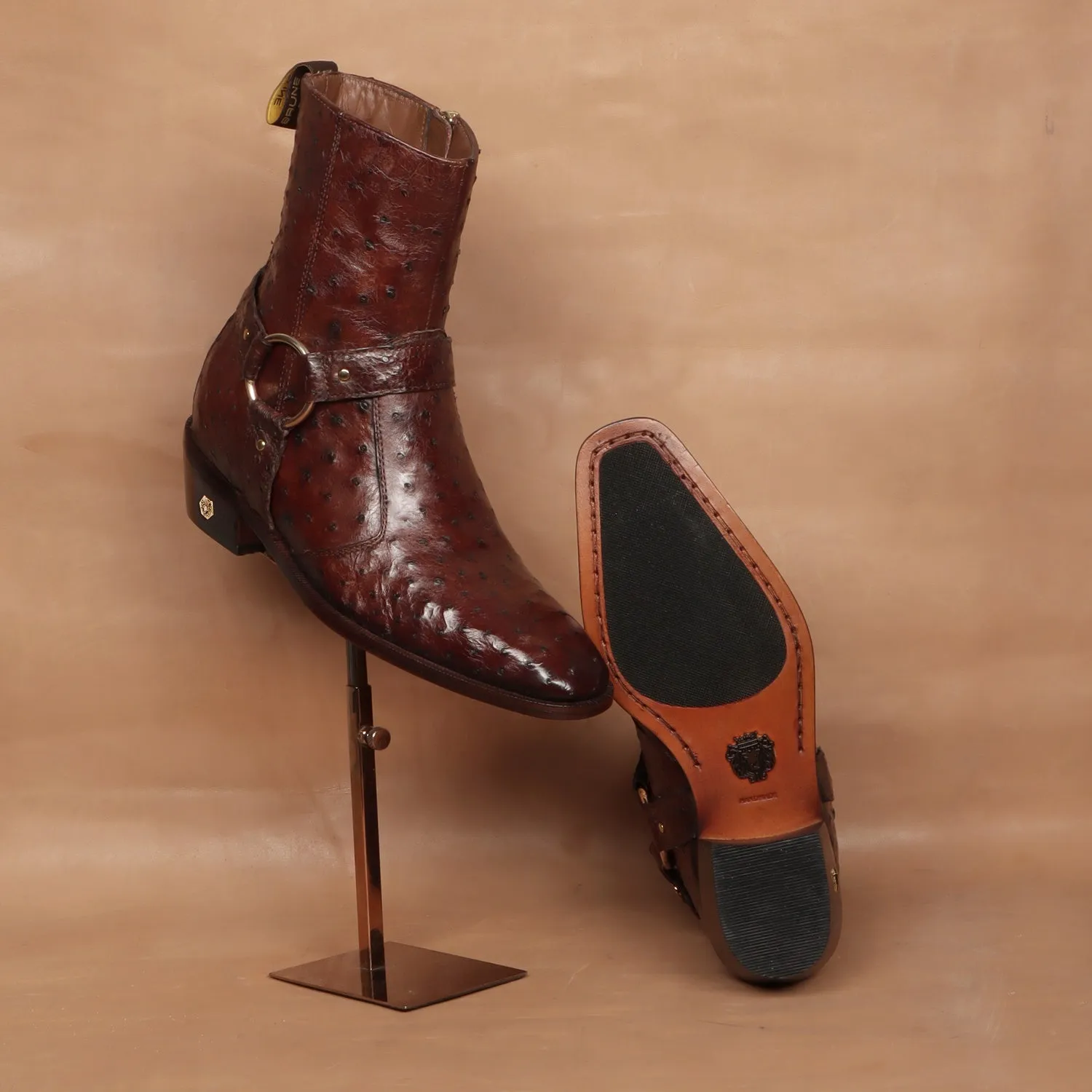 Exotic Dark Brown Boots in Ostrich Leather with Perfect Cuban Heel