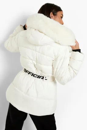 Faux Fur Trim Belted Puffer Jacket