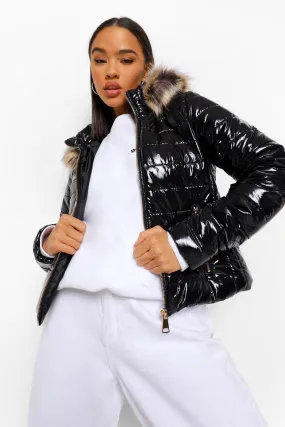 Faux Fur Trim High Shine Fitted Puffer Jacket