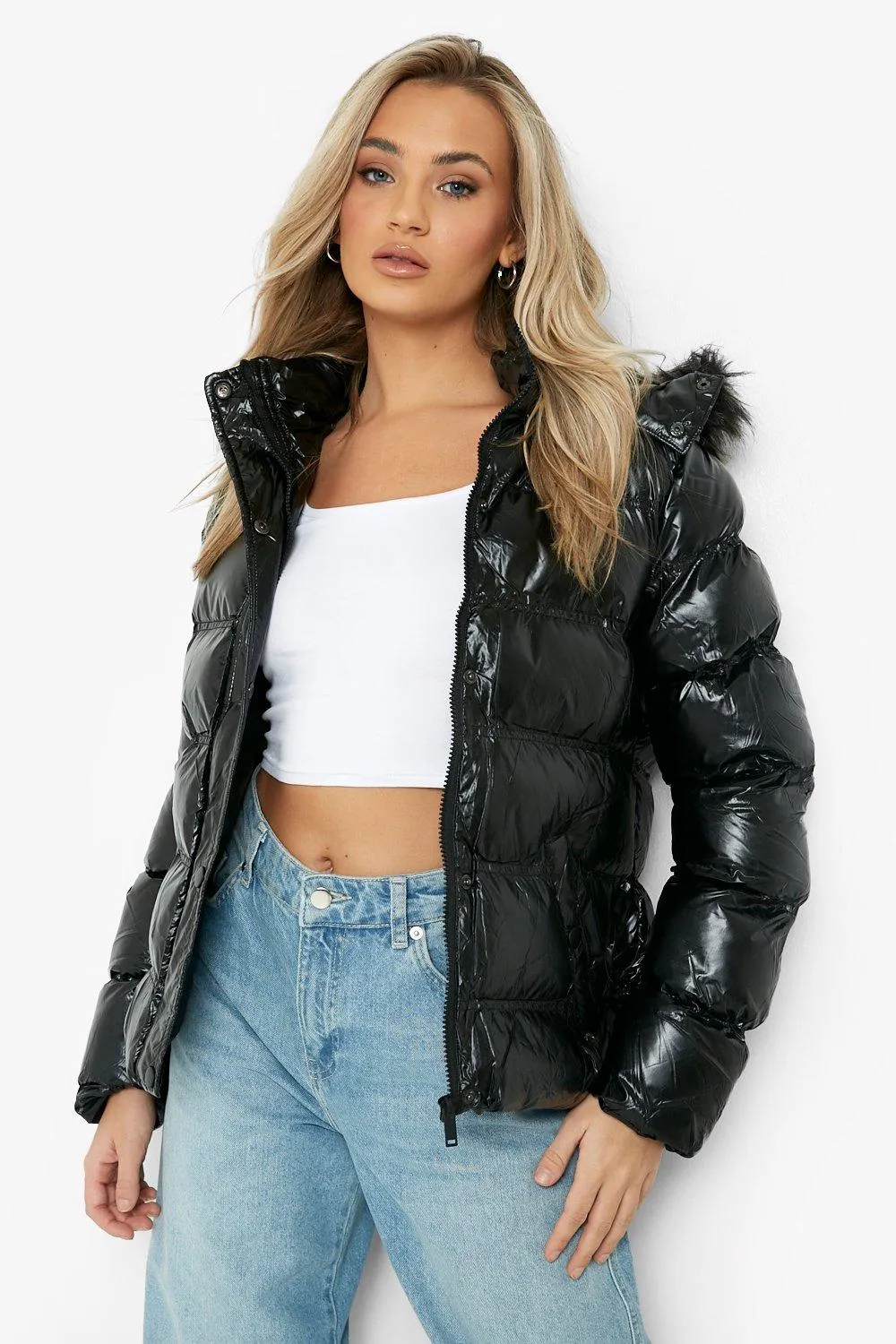 Faux Fur Trim High Shine Puffer Jacket