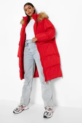 Faux Fur Trim Longline Puffer Jacket