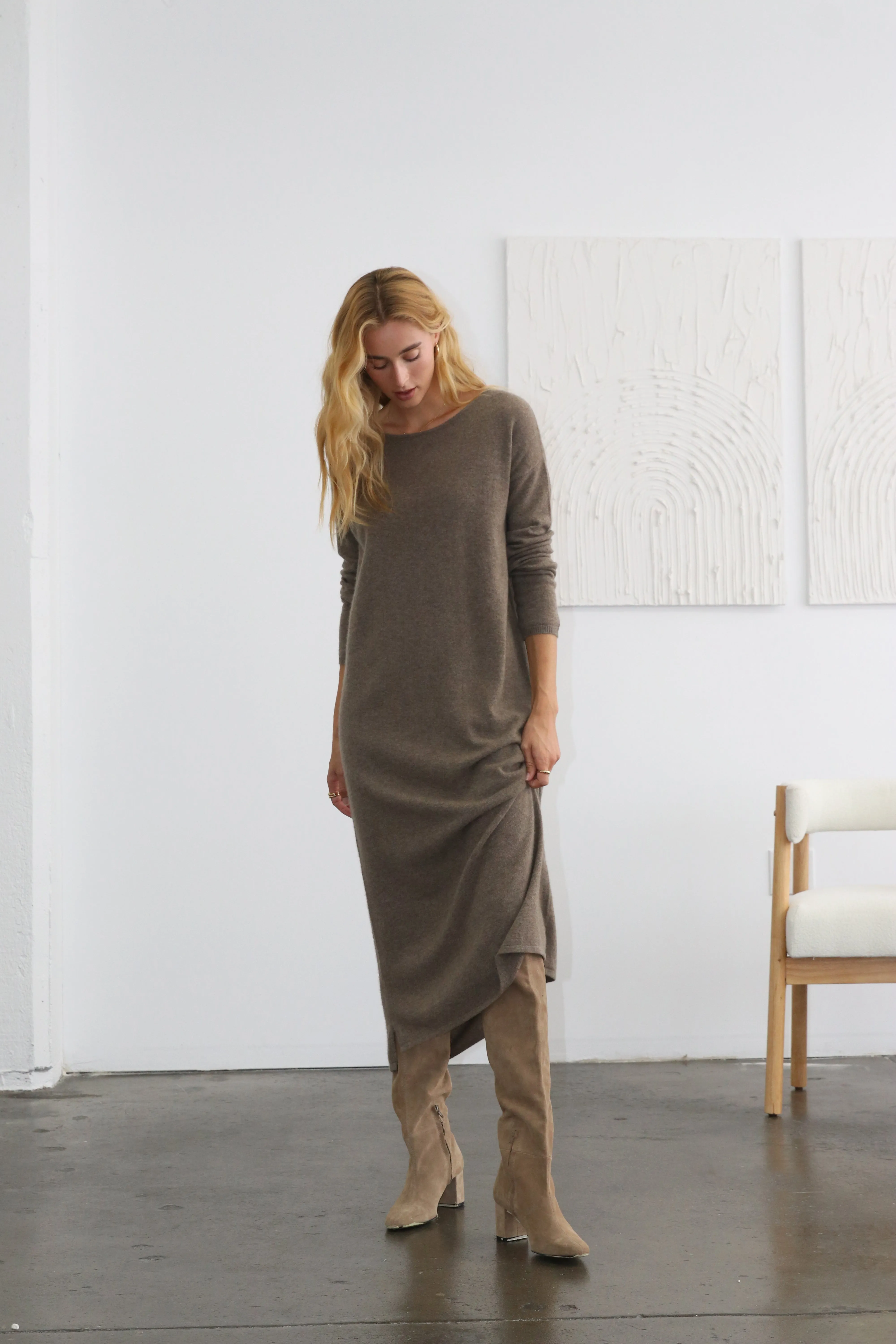 felicite Cashmere Long Sleeve Sweater Dress in Brindle 