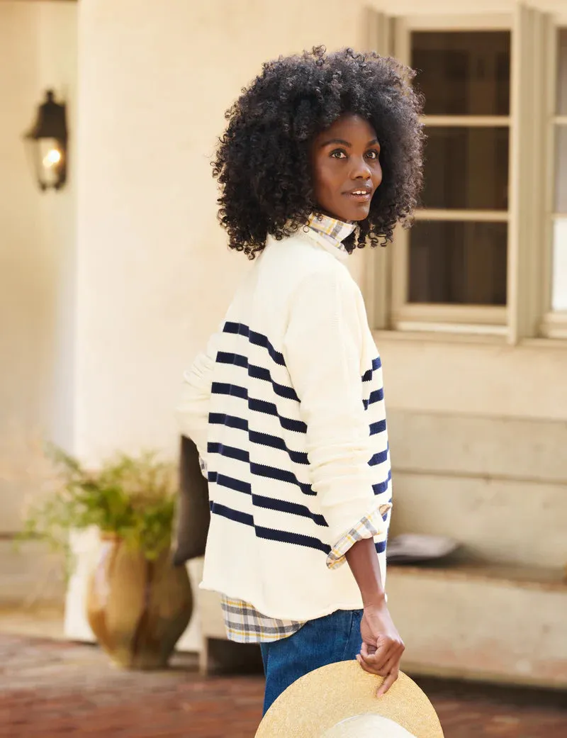 Frank & Eileen MONTEREY Rolled Neck Cotton Sweater in Cream/Navy Stripe 