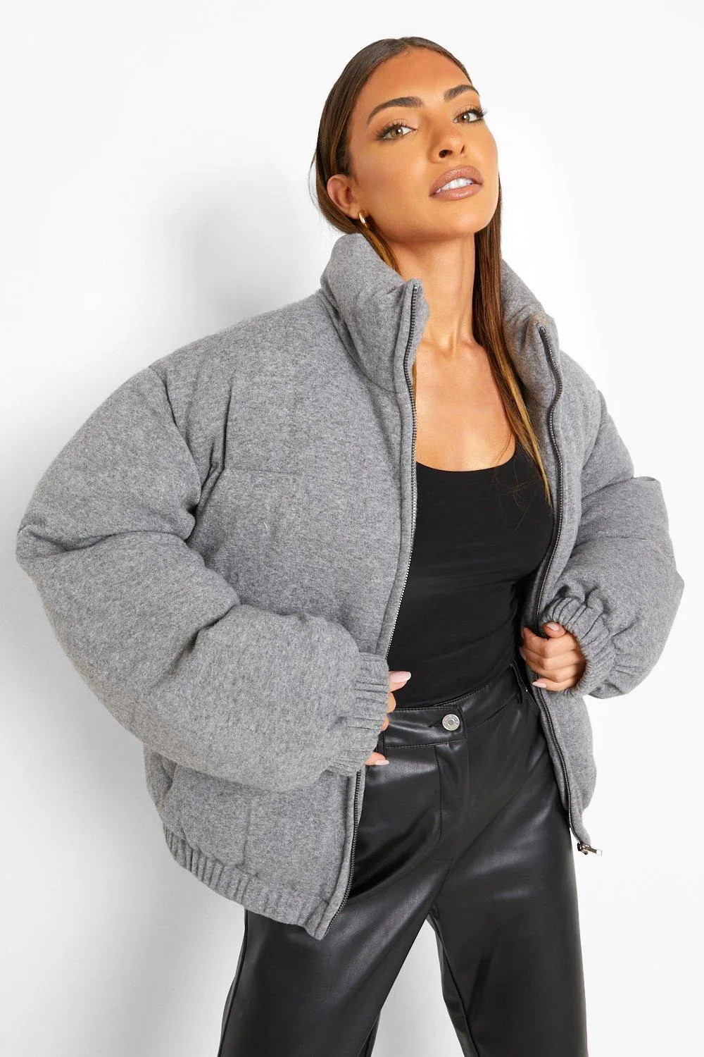 Funnel Neck Knitted Puffer Jacket