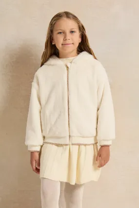 Girls Cream Fur Hooded Jacket