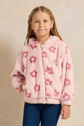 Girls Pink Fur Printed Hooded Jacket