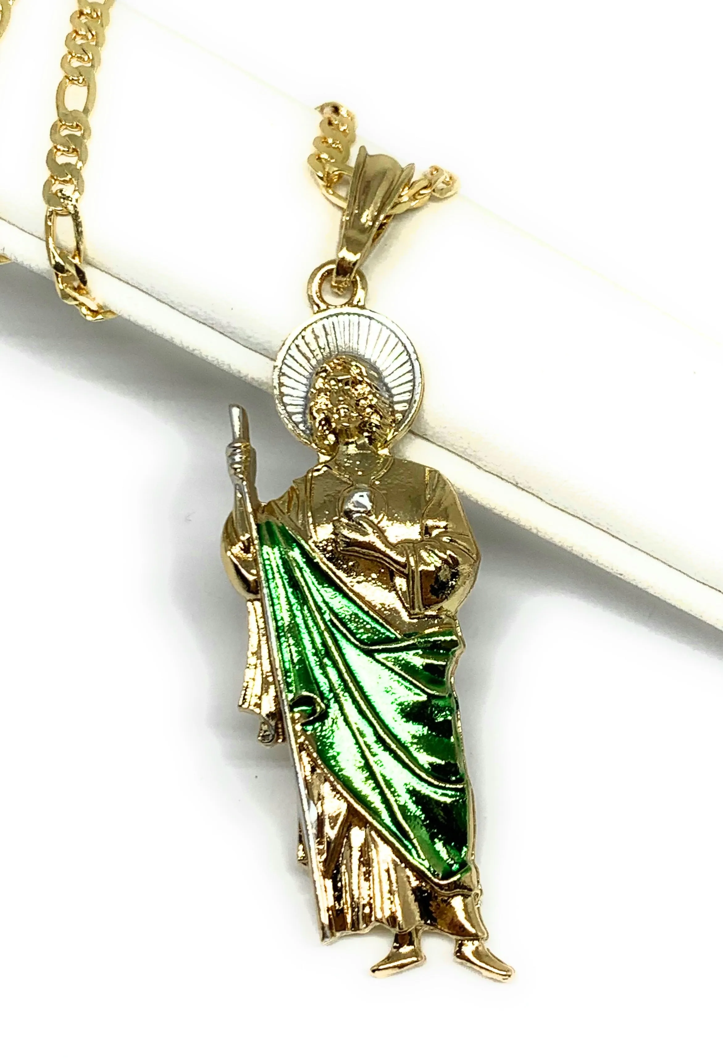 Gold Plated Saint Jude Pendant Green CZ Necklace Figaro San Judas Tadeo Medalla 24 4mm