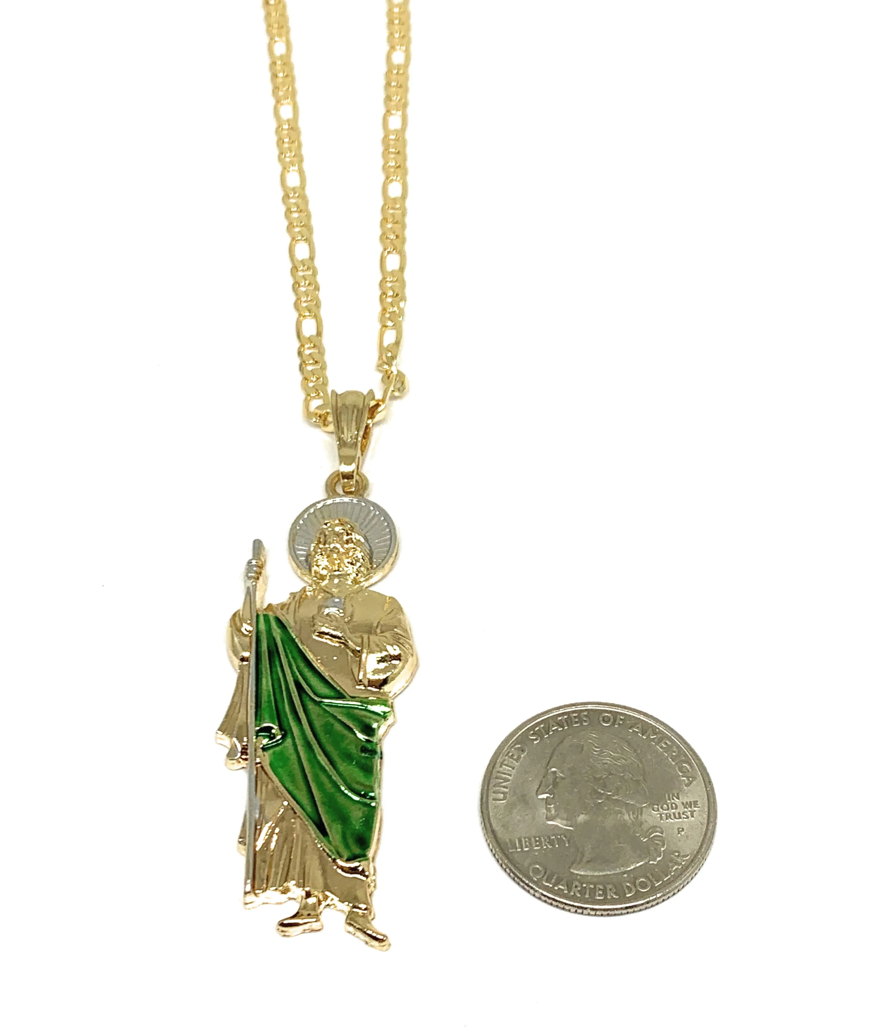 Gold Plated Saint Jude Pendant Green CZ Necklace Figaro San Judas Tadeo Medalla 24 4mm