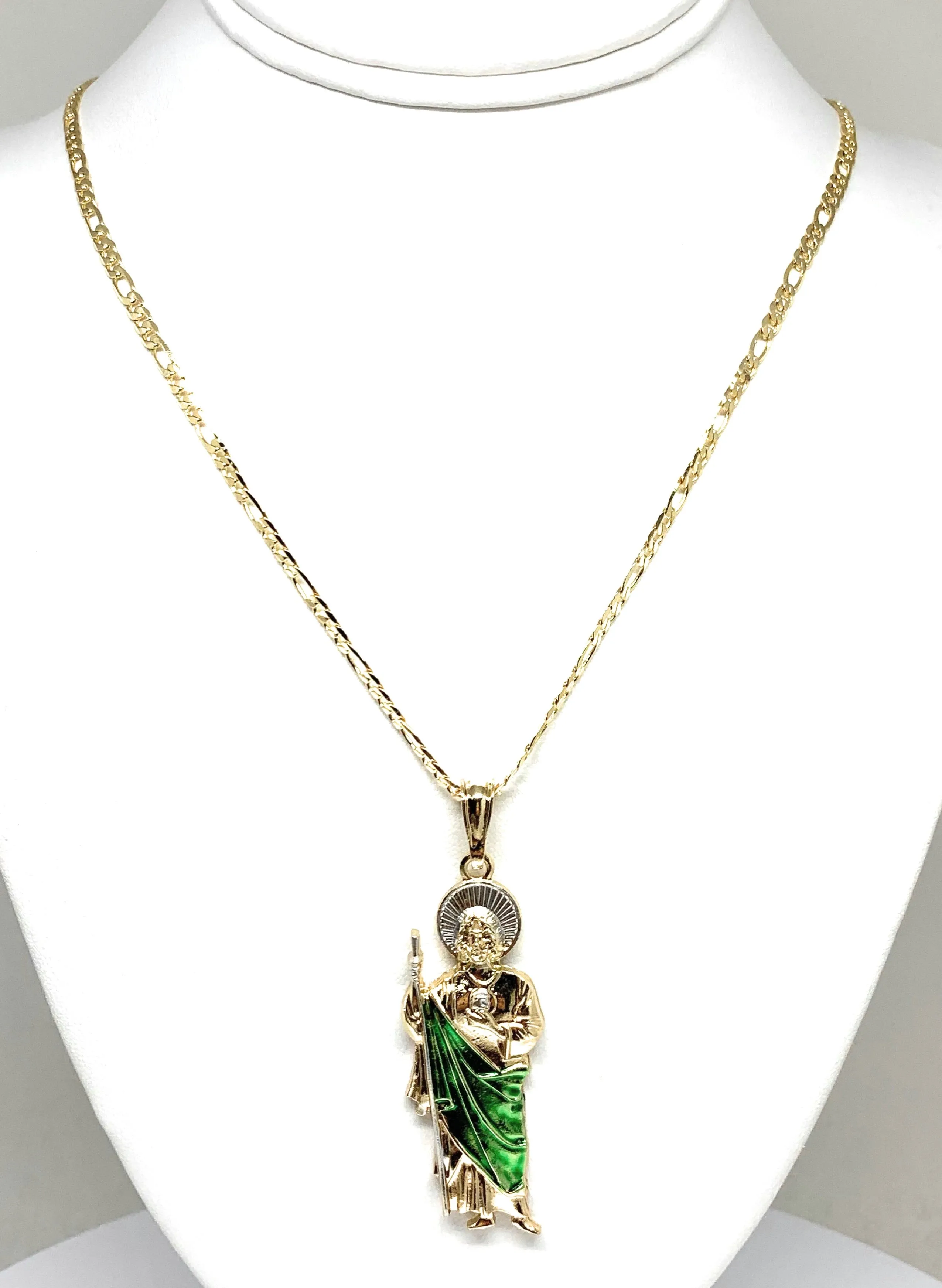 Gold Plated Saint Jude Pendant Green CZ Necklace Figaro San Judas Tadeo Medalla 24 4mm