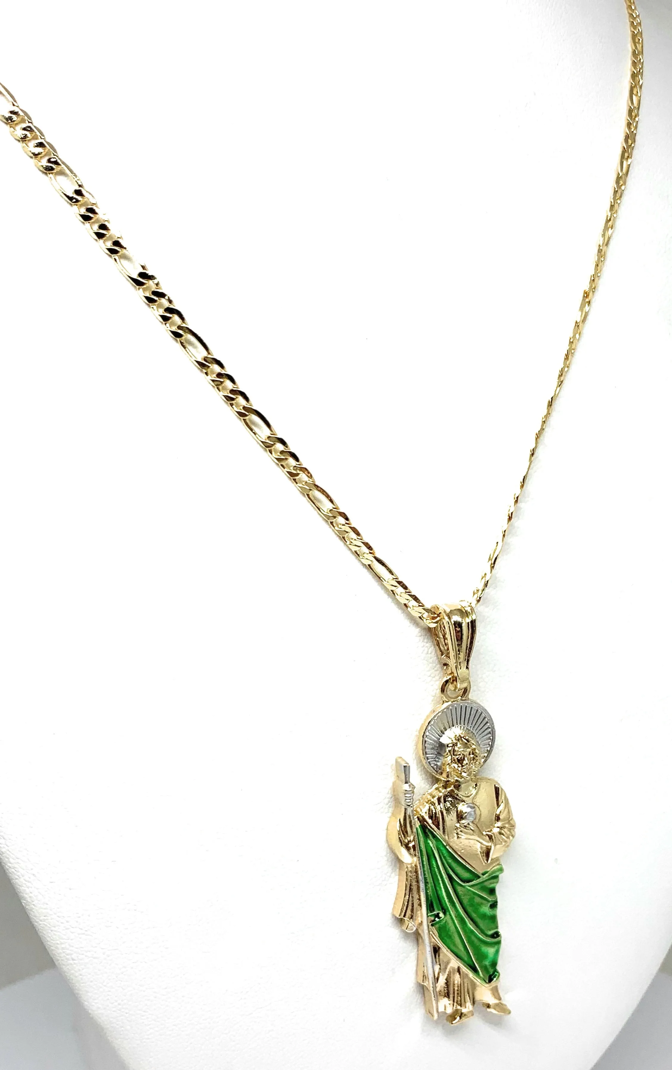 Gold Plated Saint Jude Pendant Green CZ Necklace Figaro San Judas Tadeo Medalla 24 4mm