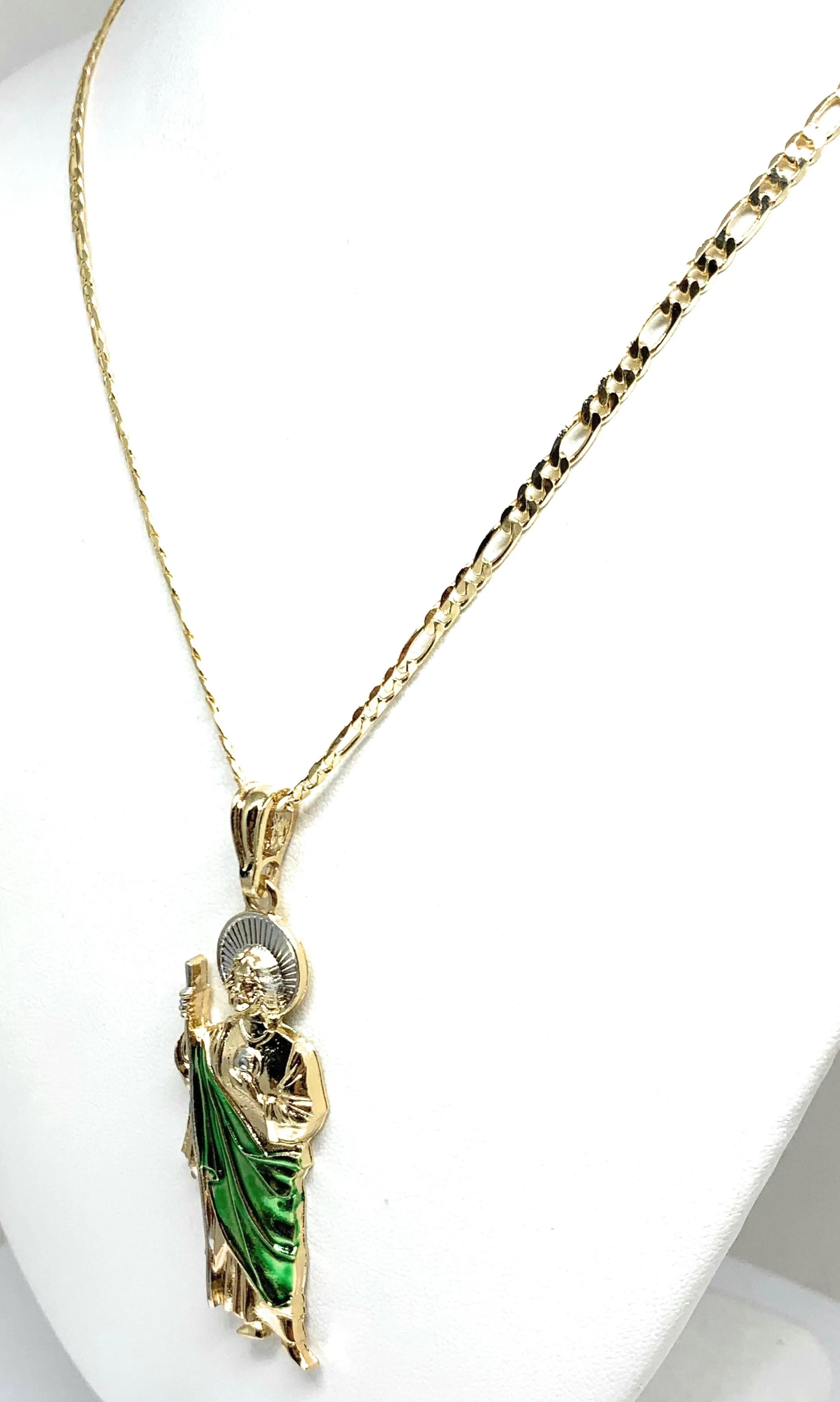 Gold Plated Saint Jude Pendant Green CZ Necklace Figaro San Judas Tadeo Medalla 24 4mm