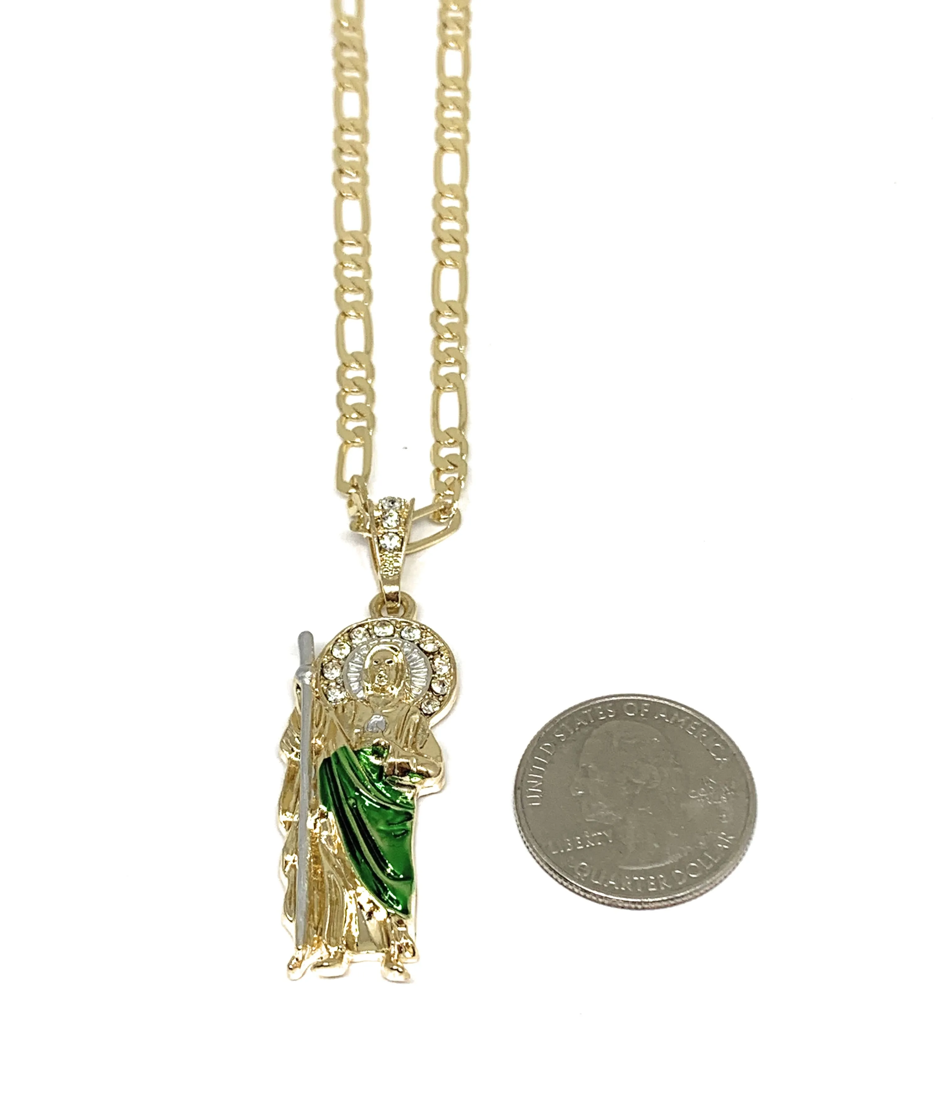 Gold Plated Saint Jude Pendant Green CZ Necklace Figaro San Judas Tadeo Medalla