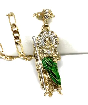 Gold Plated Saint Jude Pendant Green CZ Necklace Figaro San Judas Tadeo Medalla