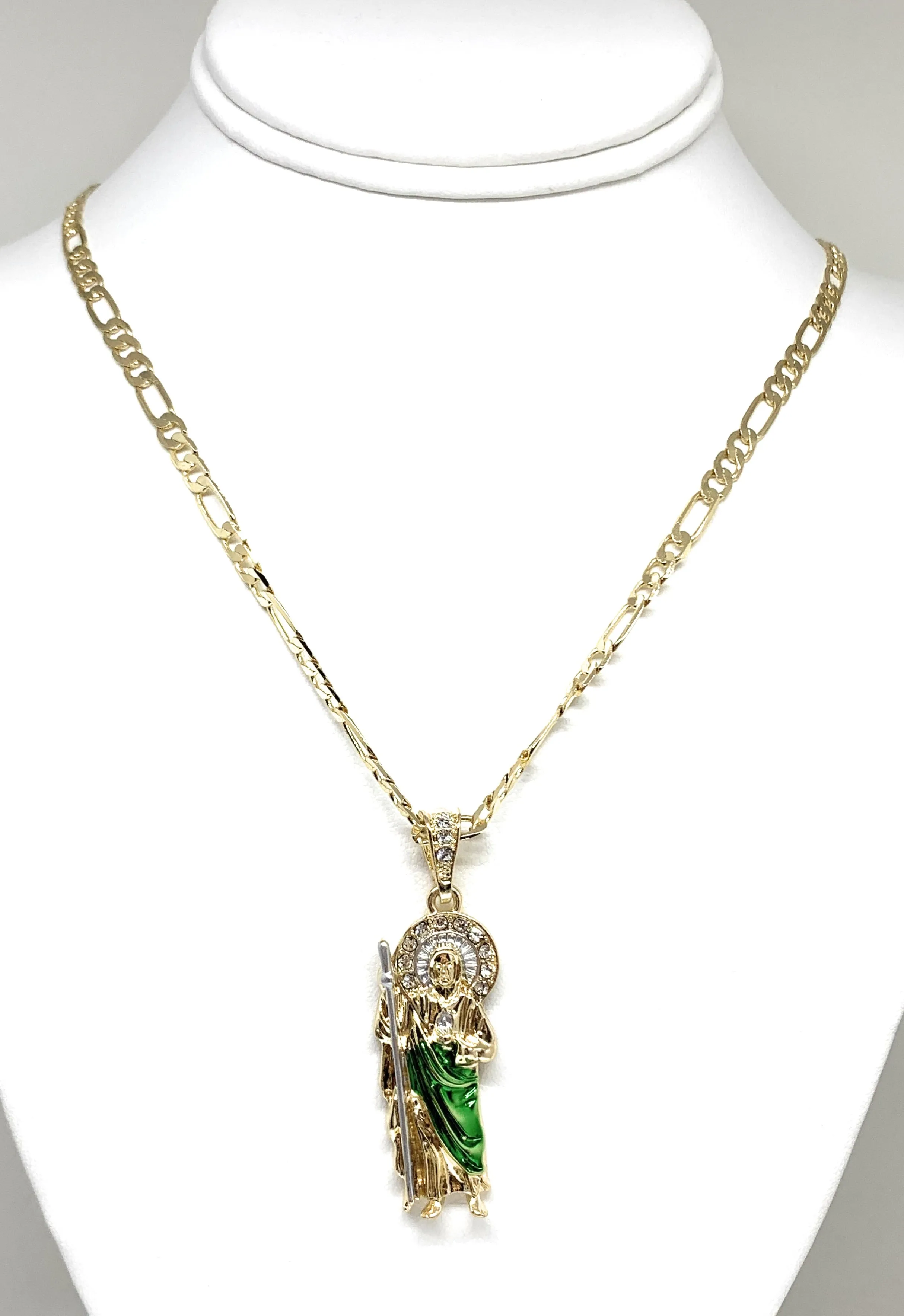 Gold Plated Saint Jude Pendant Green CZ Necklace Figaro San Judas Tadeo Medalla