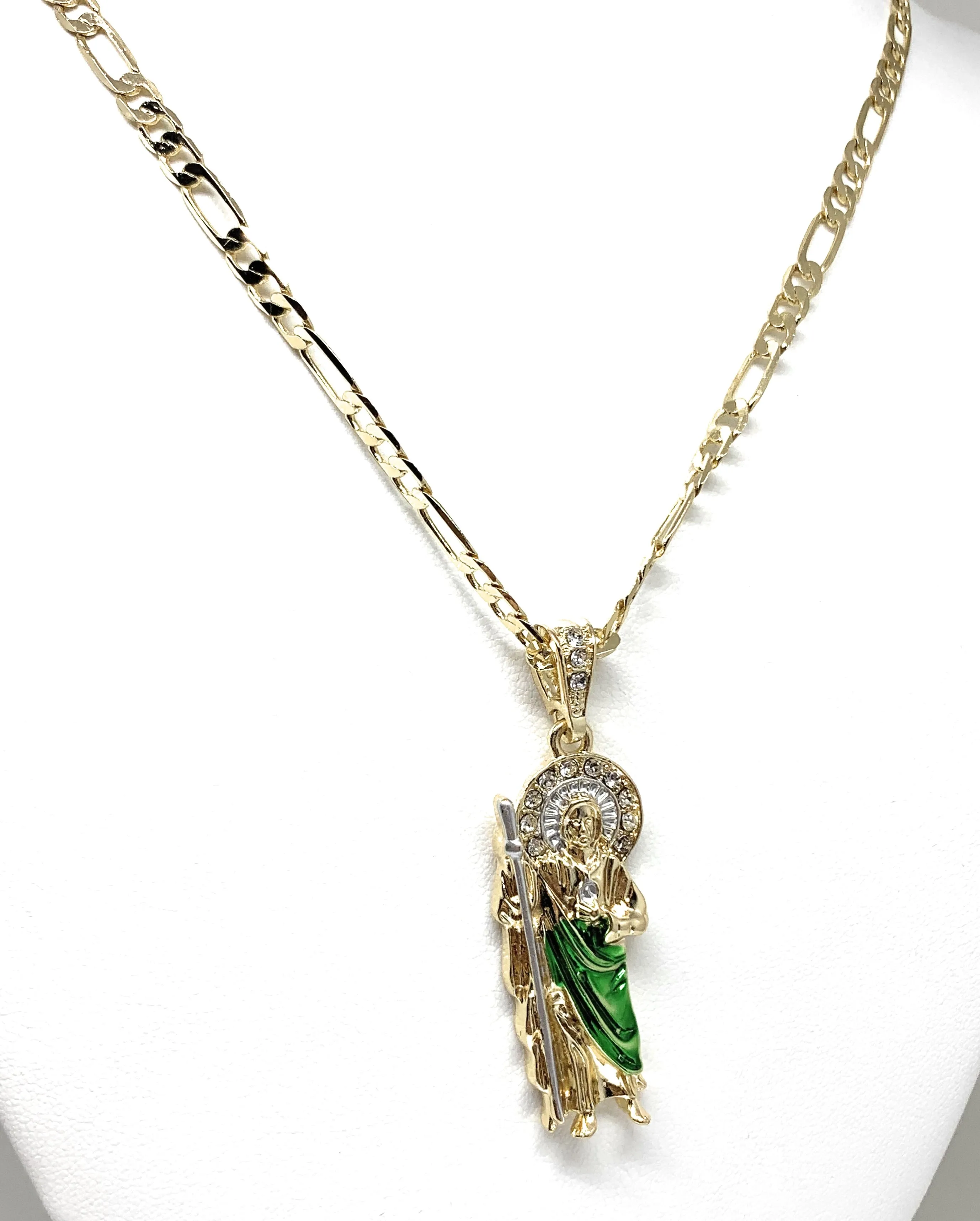 Gold Plated Saint Jude Pendant Green CZ Necklace Figaro San Judas Tadeo Medalla