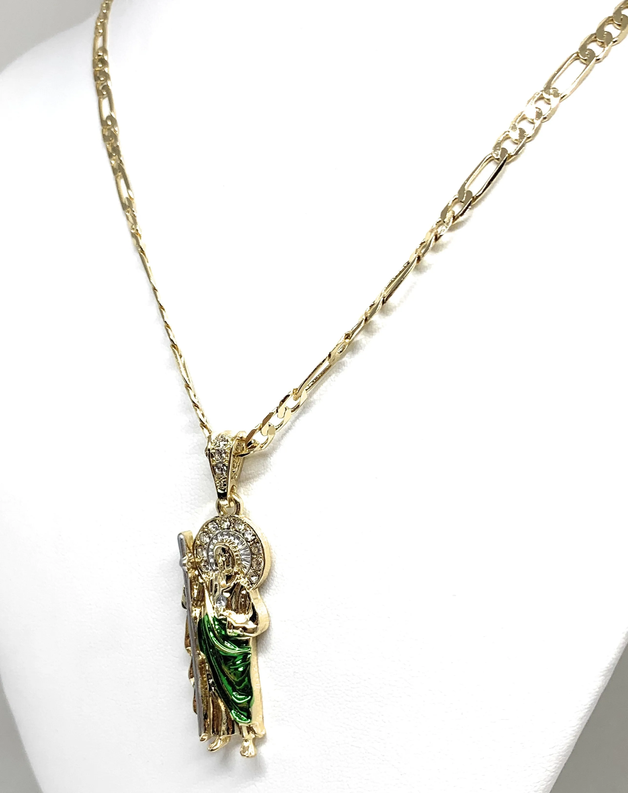 Gold Plated Saint Jude Pendant Green CZ Necklace Figaro San Judas Tadeo Medalla