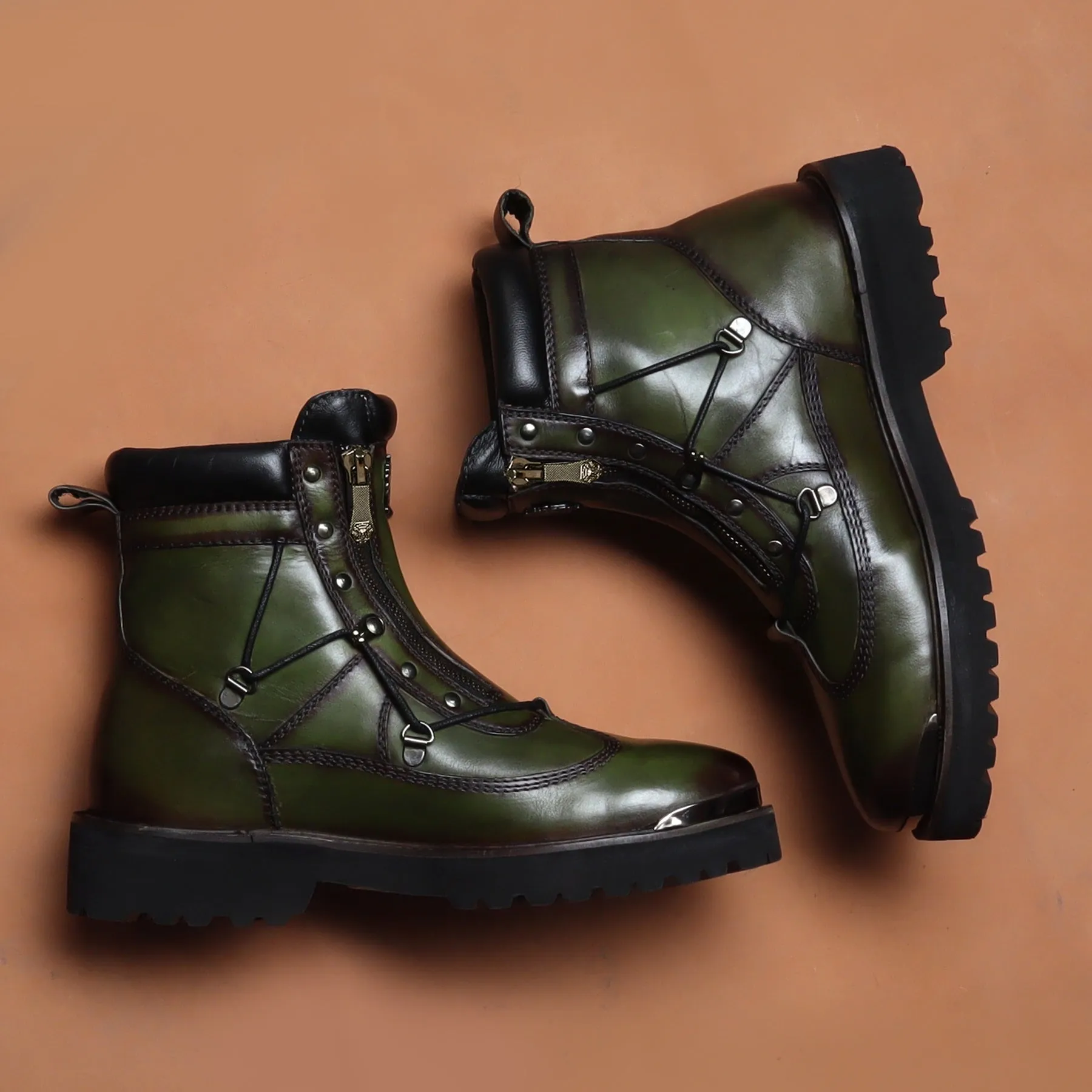 Green Chunky Boots With Metal Plate on Toe